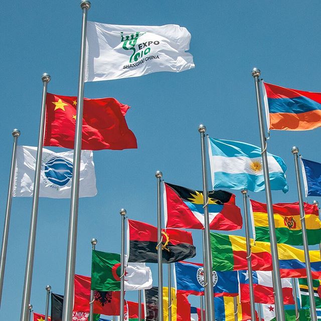 Unlike other mega-events, #WorldExpos are regulated by an intergovernmental organization. Here, the flags of #China, the Bureau International des Expositions (#BIE), and #Expo2010Shanghai, preside over the flags of the rest of the official participan