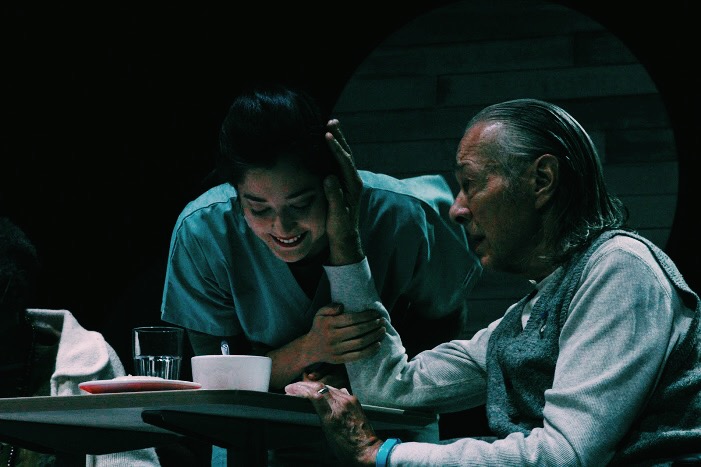actors Justine Davis and James Williams in a scene set in a nursing home
