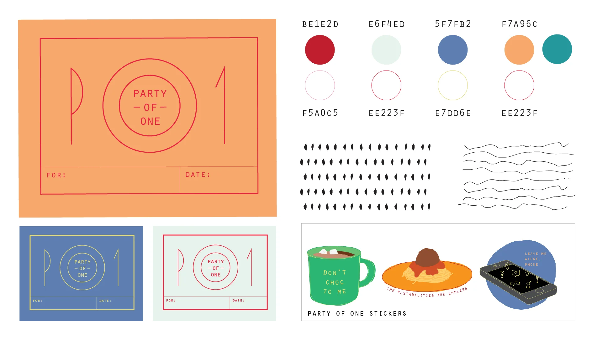 The visual style is inspired by bright, friendly, welcoming restaurant atmospheres. We also created stickers to sell to help offset the cost of the dinner and to remind people to spend some time alone.