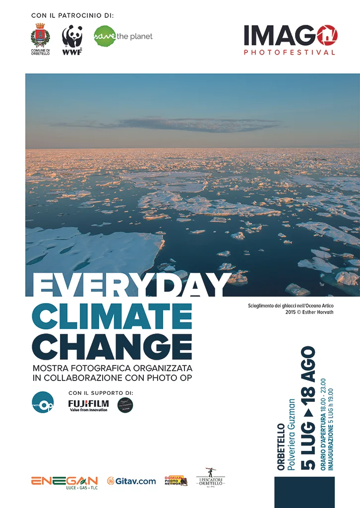 “La Fotografia aiuta le persone a vedere” (Berenice Abbott) “Everyday Climate Change” è la mostra di apertura del Festival Fotografico ImagOrbetello 2019, presentata con il patrocinio del Comune Orbetello, del WWF e di Save the Planet e grazie al sostegno dell’amministrazione comunale, di Enegan del Consorzio GITAV. Il progetto “EverydayClimate Change”, nato da un’idea di James Whitlow Delano, è stato sviluppato da 30 fotografi provenienti da tutti i continenti. La mostra, di alto valore etico e artistico, viene presentata dall’Assiociazione Culturale ImagO in collaborazione con Livia Corbò e Marta Cannoni dell’agenzia Photo Op e con James Whitlow Delano e Matilde Gattoni. Saranno presenti in mostra fotografie di: Rodrigo Baleia; Nina Berman; Ashley Crowther; James Whitlow Delano: Bernardo Deniz; Sima Diab; Luc Forsyth; Sean Gallagher; Katharina Hesse; Esther Horvath; Ed Kashi; Suthep Kritsanavarin; Matilde Gattoni; Balazs Gardi; Georgina Goodwin; Mette Lampcov; Peter Mather; Gideon Mendel; Palani Mohan; John Novis; Matthieu Paley; Paolo Patrizi; Michael Robinson Chavez; J.B. Russell; Vlad Sokhin; Jeremy Sutton-Hibbert; Sara Terry; Franck Vogel; Elisabetta Zavoli. ImagO: www.imagorbetello.com Photo Op: www.photoop.it #everydayclimatechange: www.instagram.com/everydayclimatechange James Whitlow Delano: www.jameswhitlowdelano.com