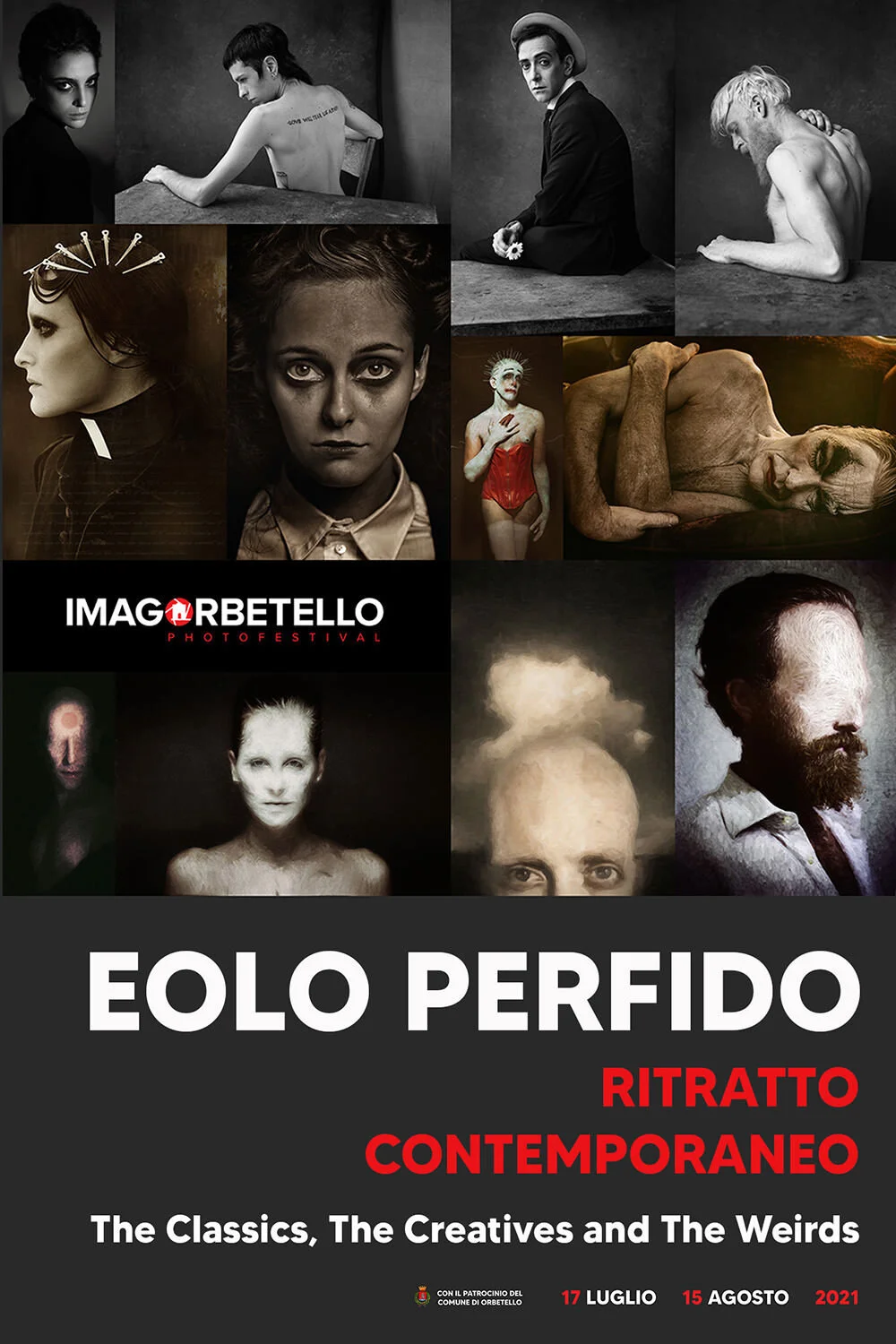 Locandina di ImagO Photo Festival 2021 ad Orbetello che promuove la mostra di ritratto contemporaneo con opere di Eolo Perfido.
