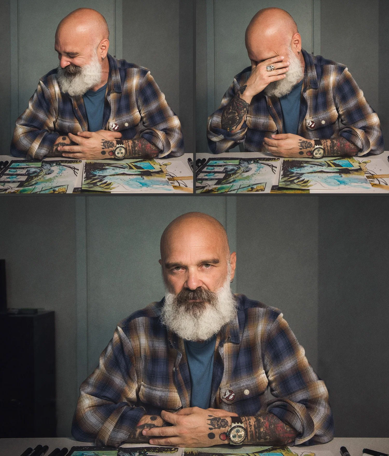 Collage di tre immagini di Stefano Cardoselli ritratto nel suo studio da Marco Arienti