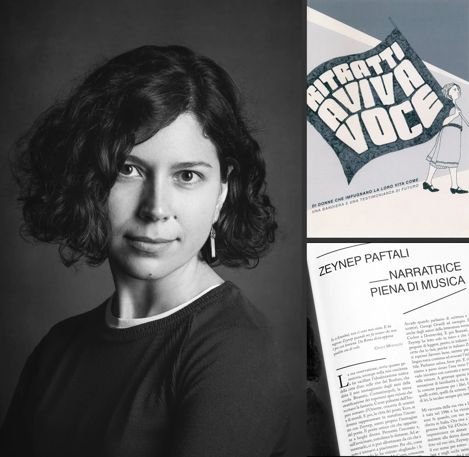 Collage con ritratto in studio di Marco Arienti a Zeynep Paftali unito alla copertina del libro Ritratti a Viva Voce