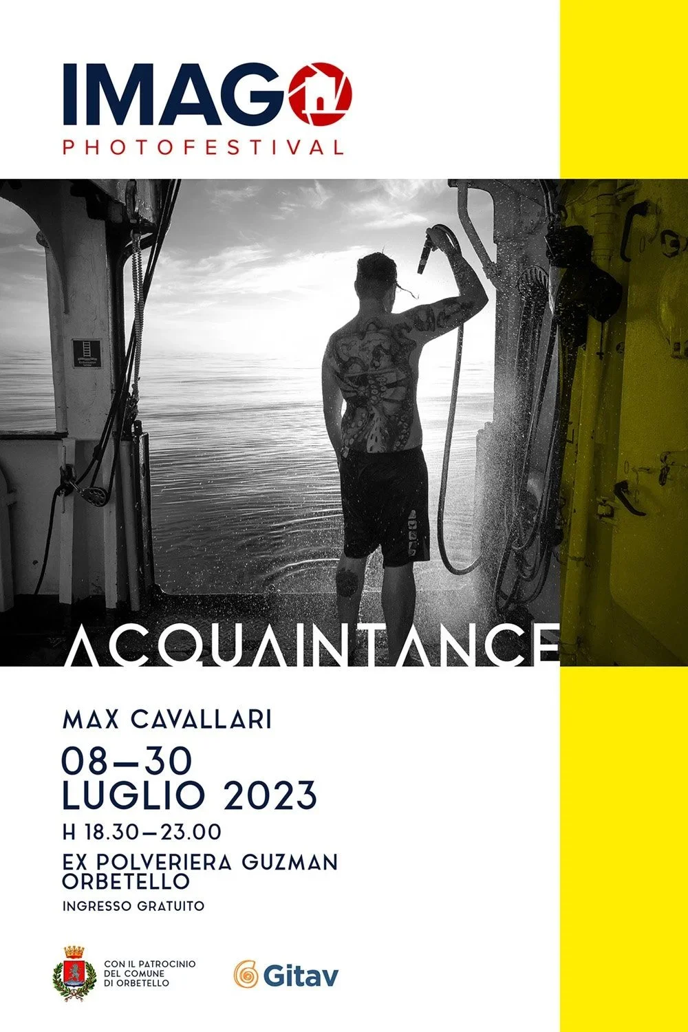 Locandina ufficiale dell'evento 'Acquaintance' di Max Cavallari per il Festival ImagOrbetello. Include i dettagli della mostra fotografica e della presentazione del libro dedicate al tema del confine e delle relazioni umane