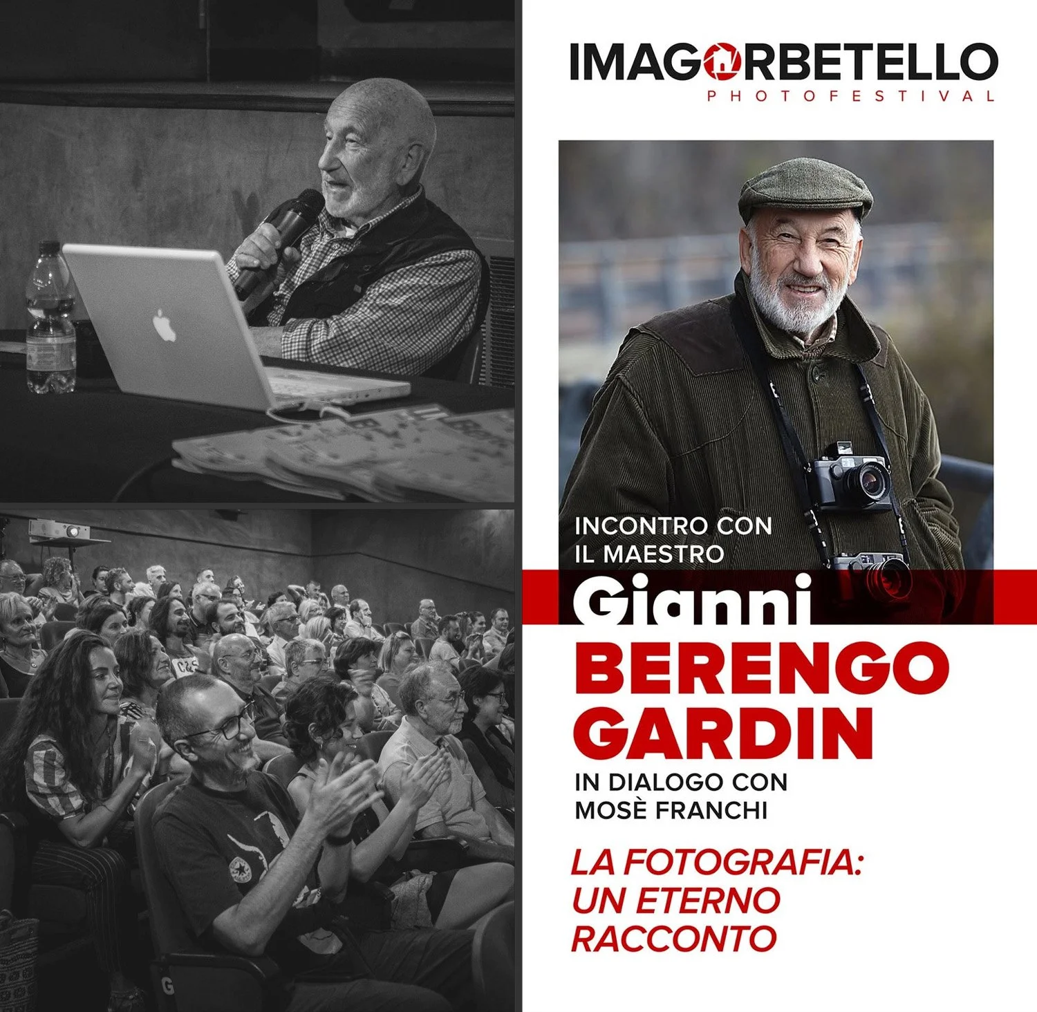 Locandina e due immagini della serata a Orbetello di Gianni Berengo Gardin nel 2019