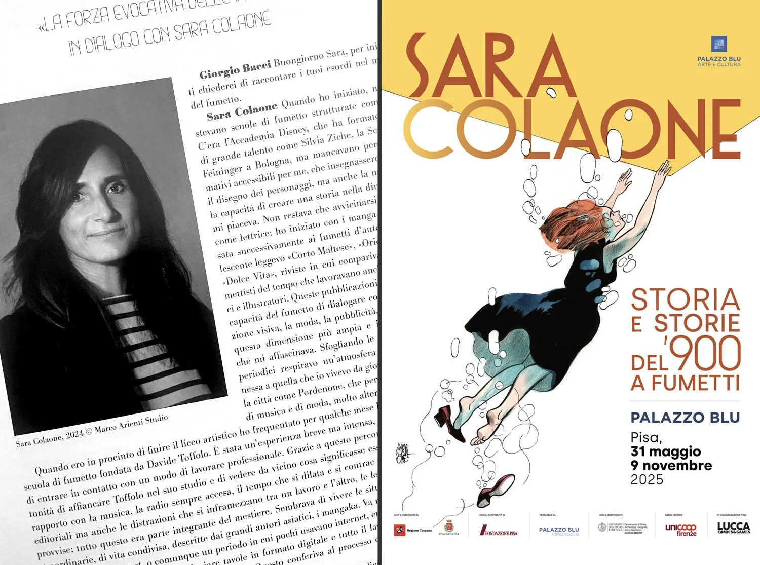Pagina del catalogo con il ritratto di Sara Colaone e locandina della mostra a Palazzo Blu, Pisa, 2025.
