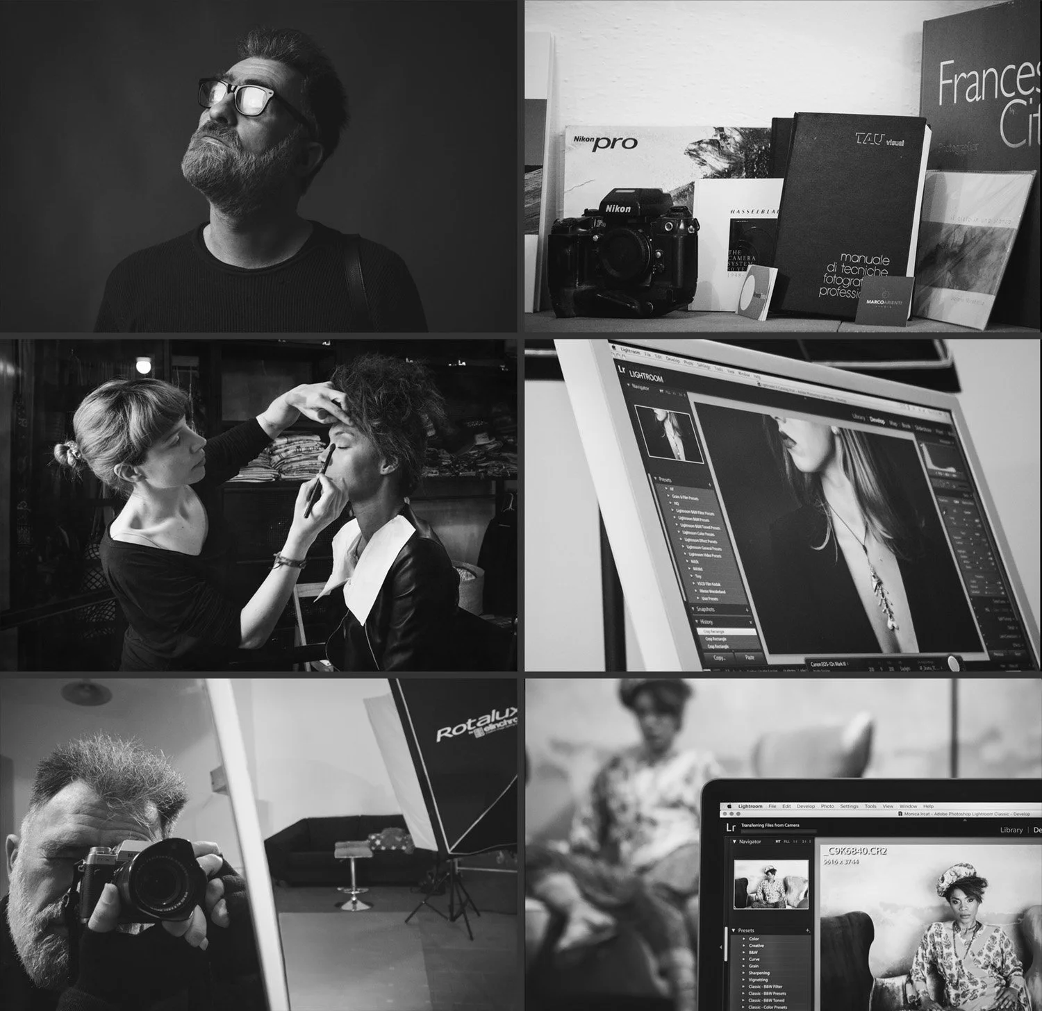 Composizione fotografica di Marco Arienti Studio: ritratti del fotografo al lavoro, attrezzatura professionale e fasi di post-produzione digitale a Orbetello.