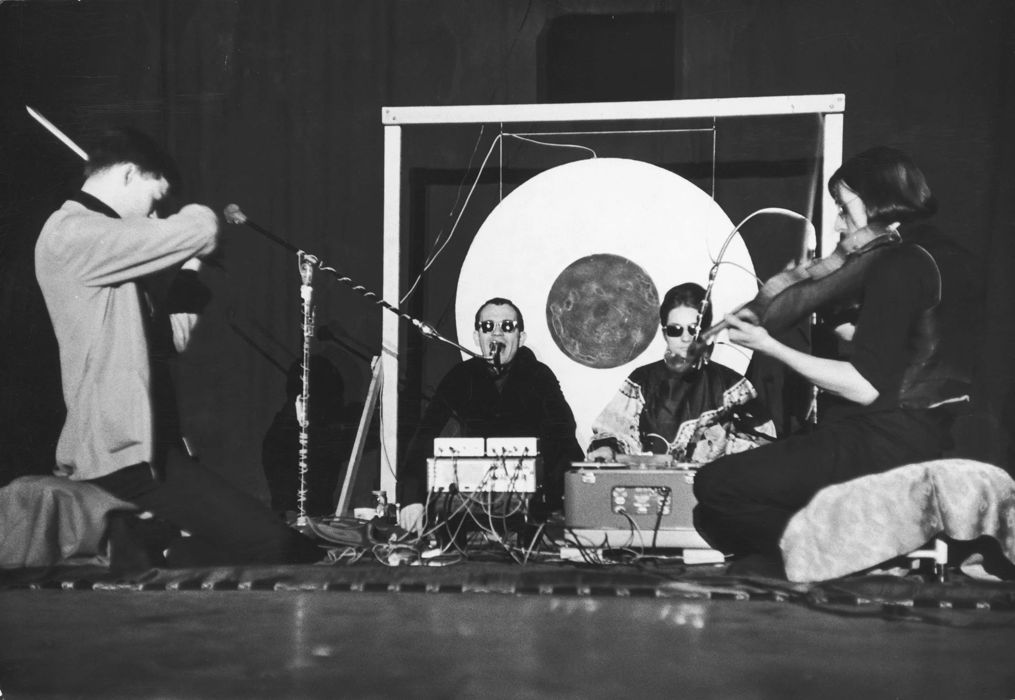 The Theater of Eternal Music performing in 1965. From left, Toby Conrad, La Monte Young, Marian Zazeela and John Cale. Credit Fred W. McDarrah/Getty Images