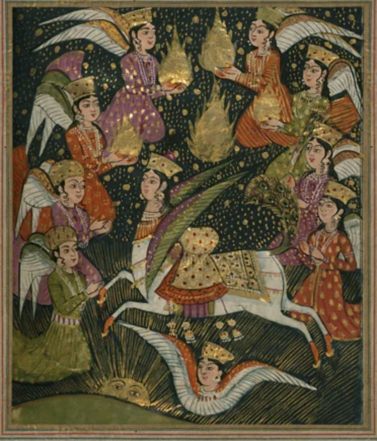 Colorful traditional Indian artwork depicting a mythological scene with multiple figures, a peacock, a snake, and a winged creature, set against a dark, starry background.
