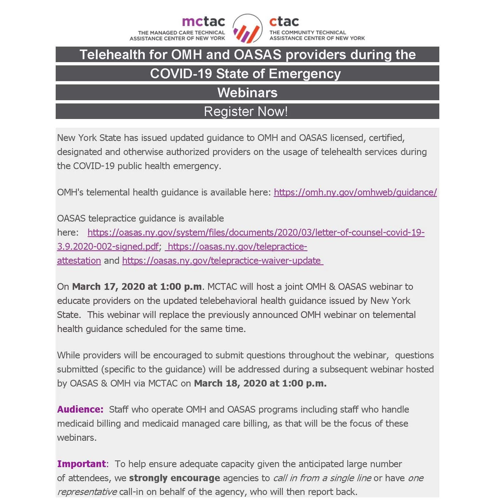 Register Now Telehealth for OMH and OASAS providers during the COVID