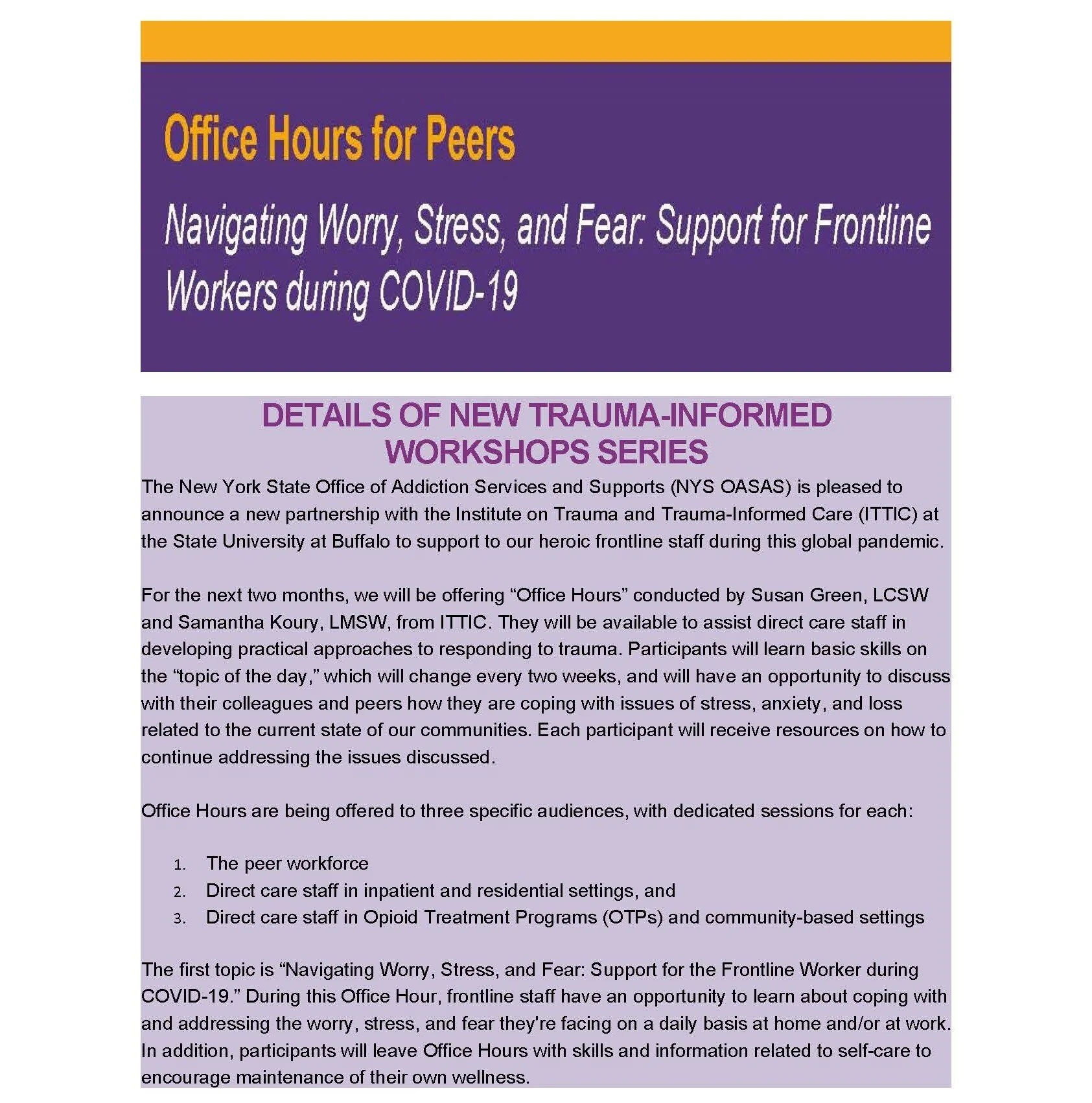 Special Series Support for Frontline OASAS Workers during COVID19