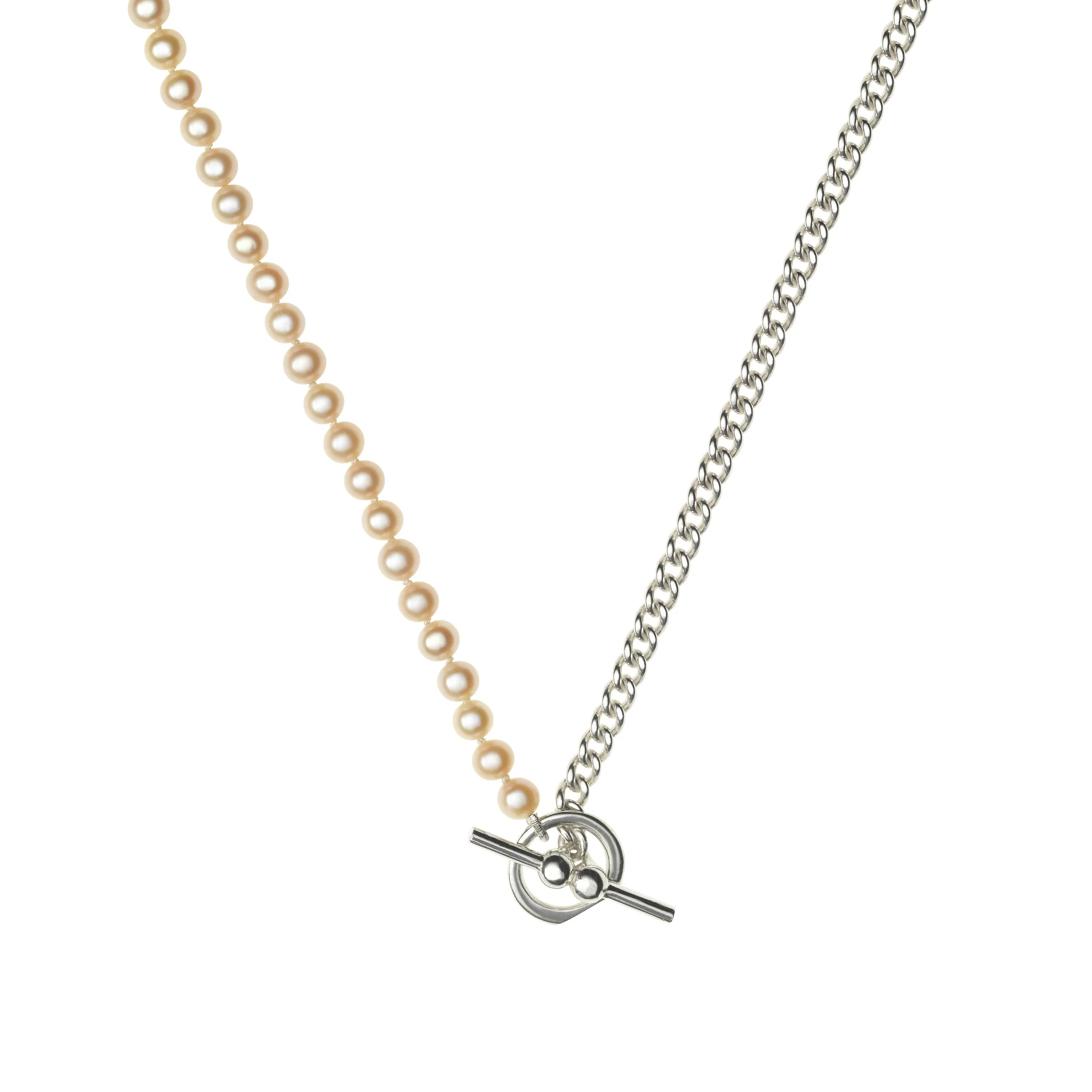 Half Pearl Half Curb Necklace Lite