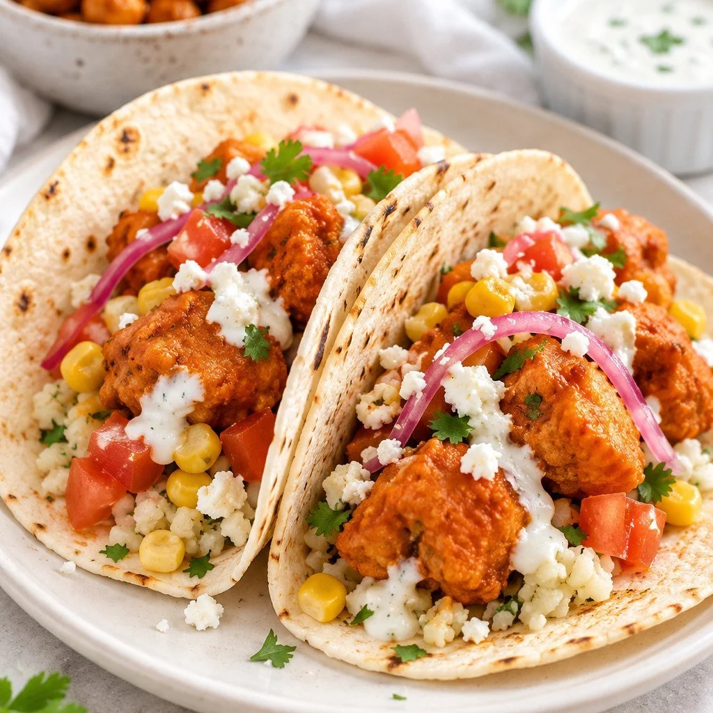 BUFFALO CHICKPEA TACOS (CHICKEN OPTION)