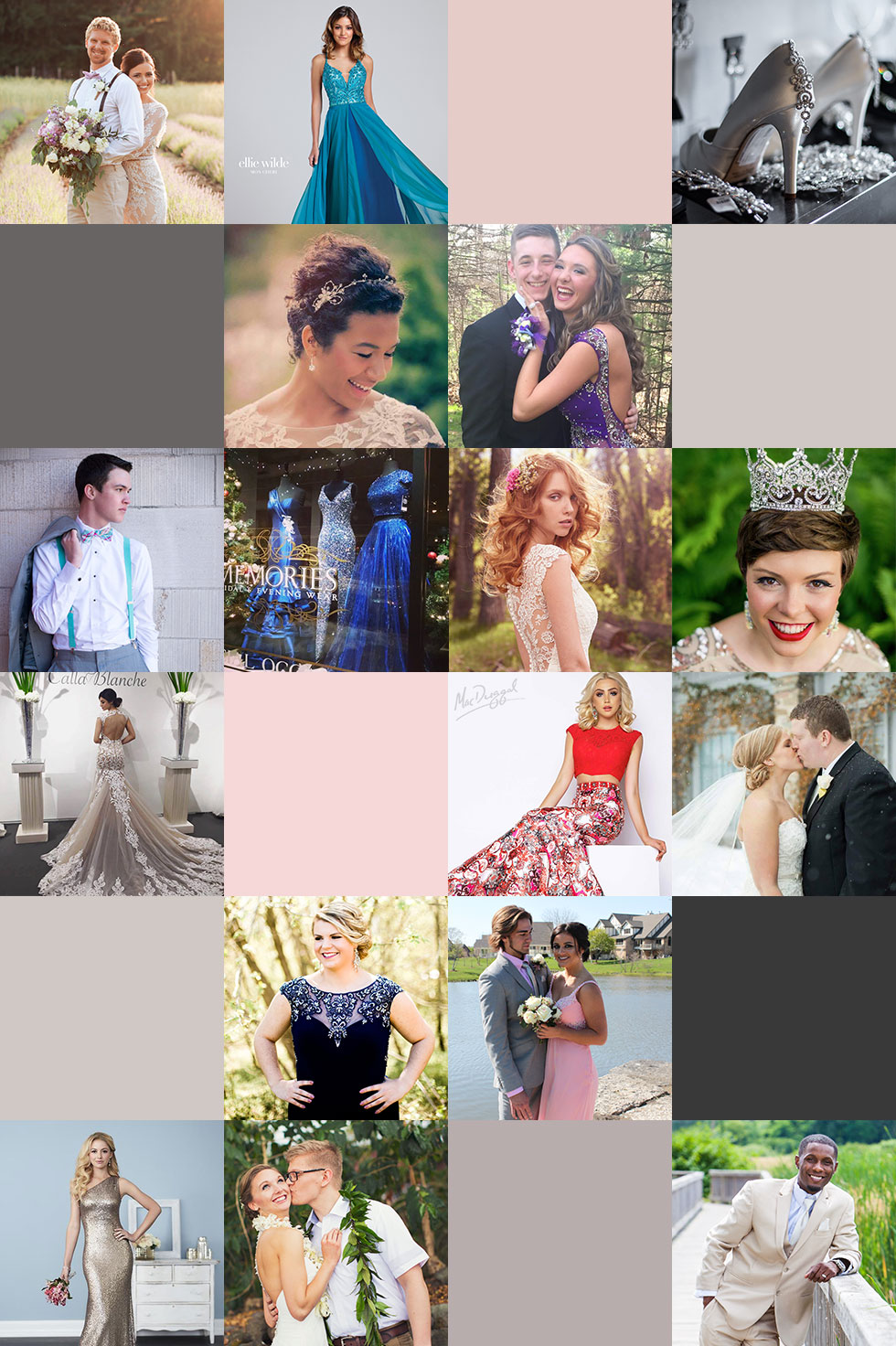 various wedding images, store front photo, brides in wedding gowns, women in pageant gowns