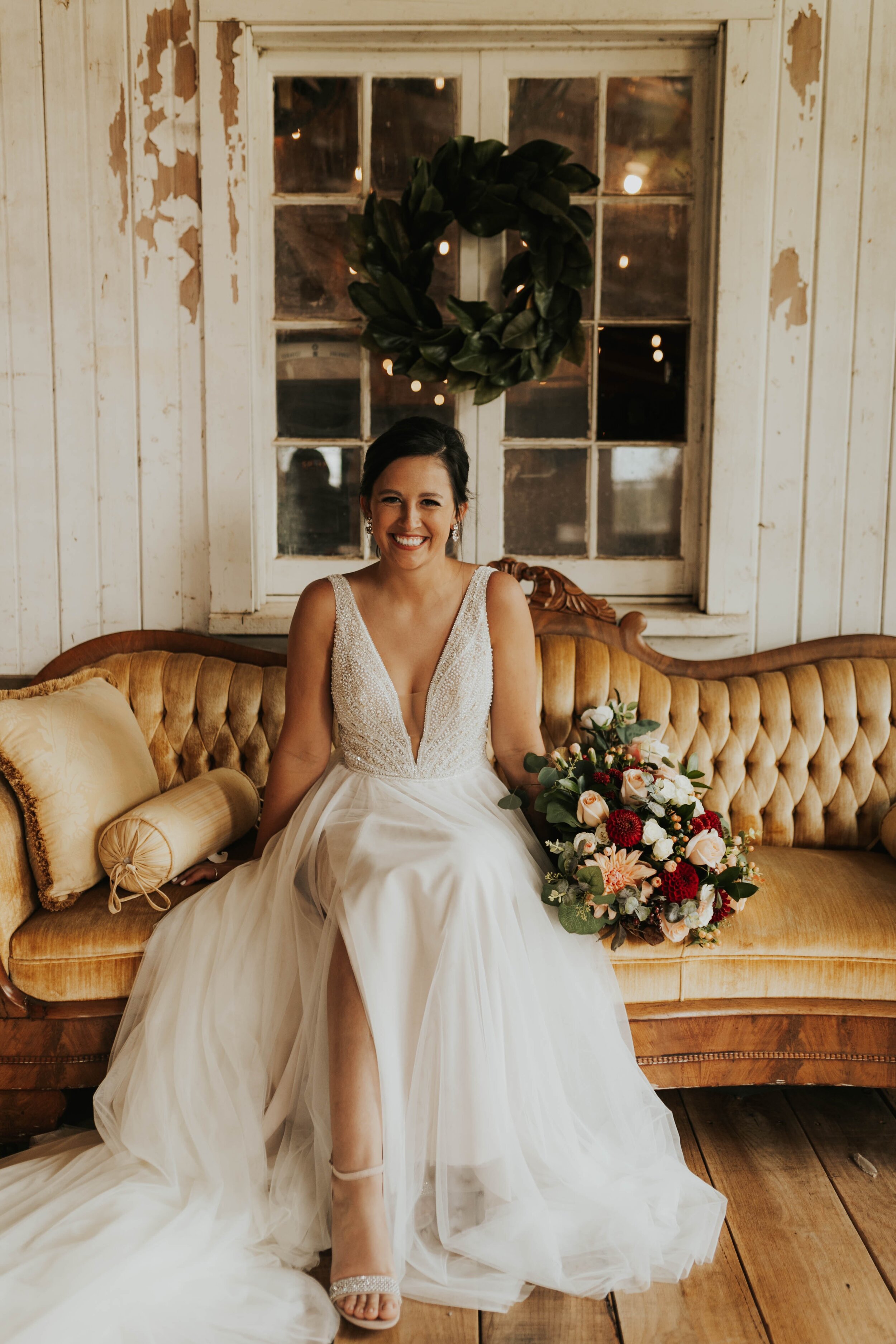 bride looking cute sitting on couch