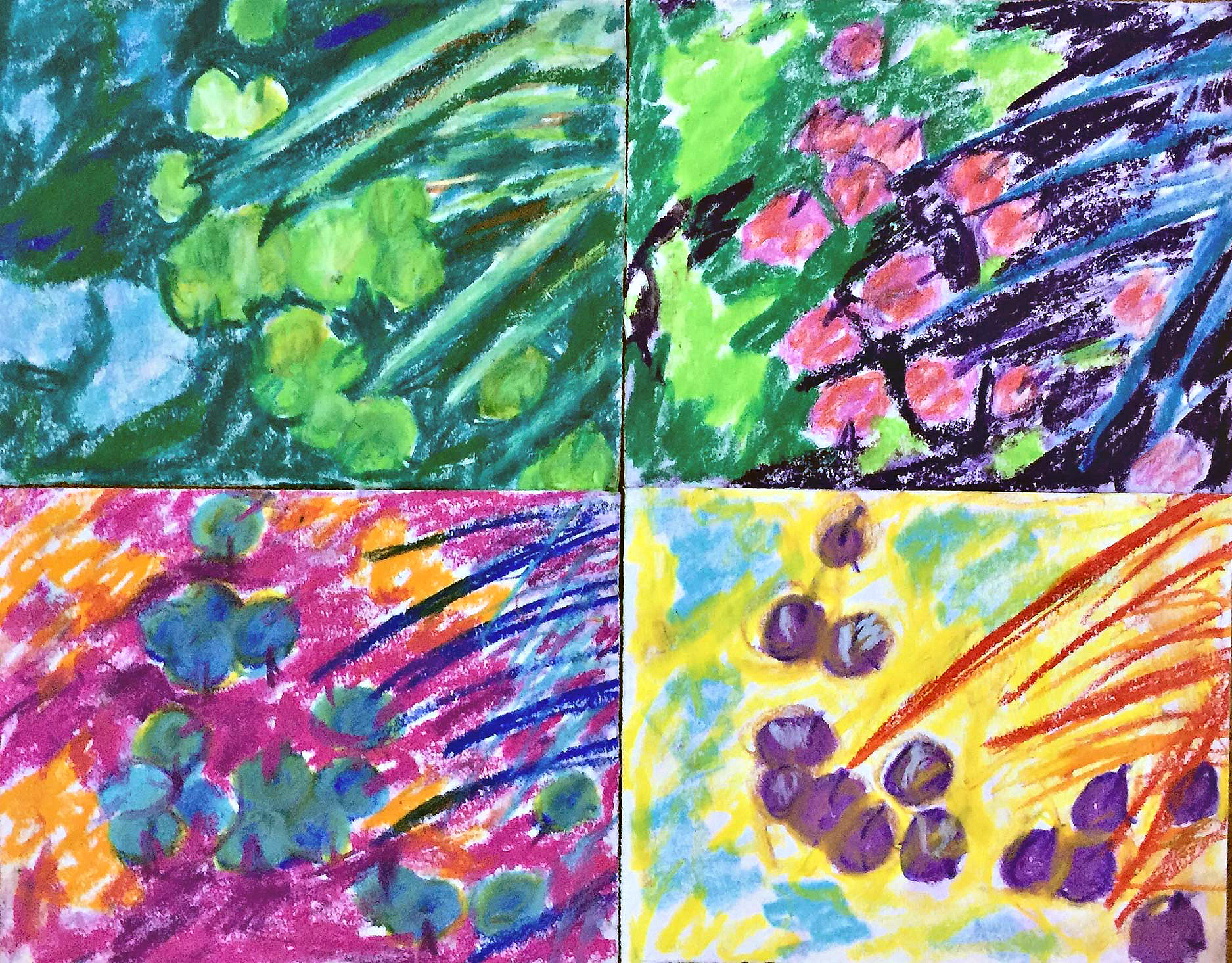Arbitrary color study of my pond in oil pastels