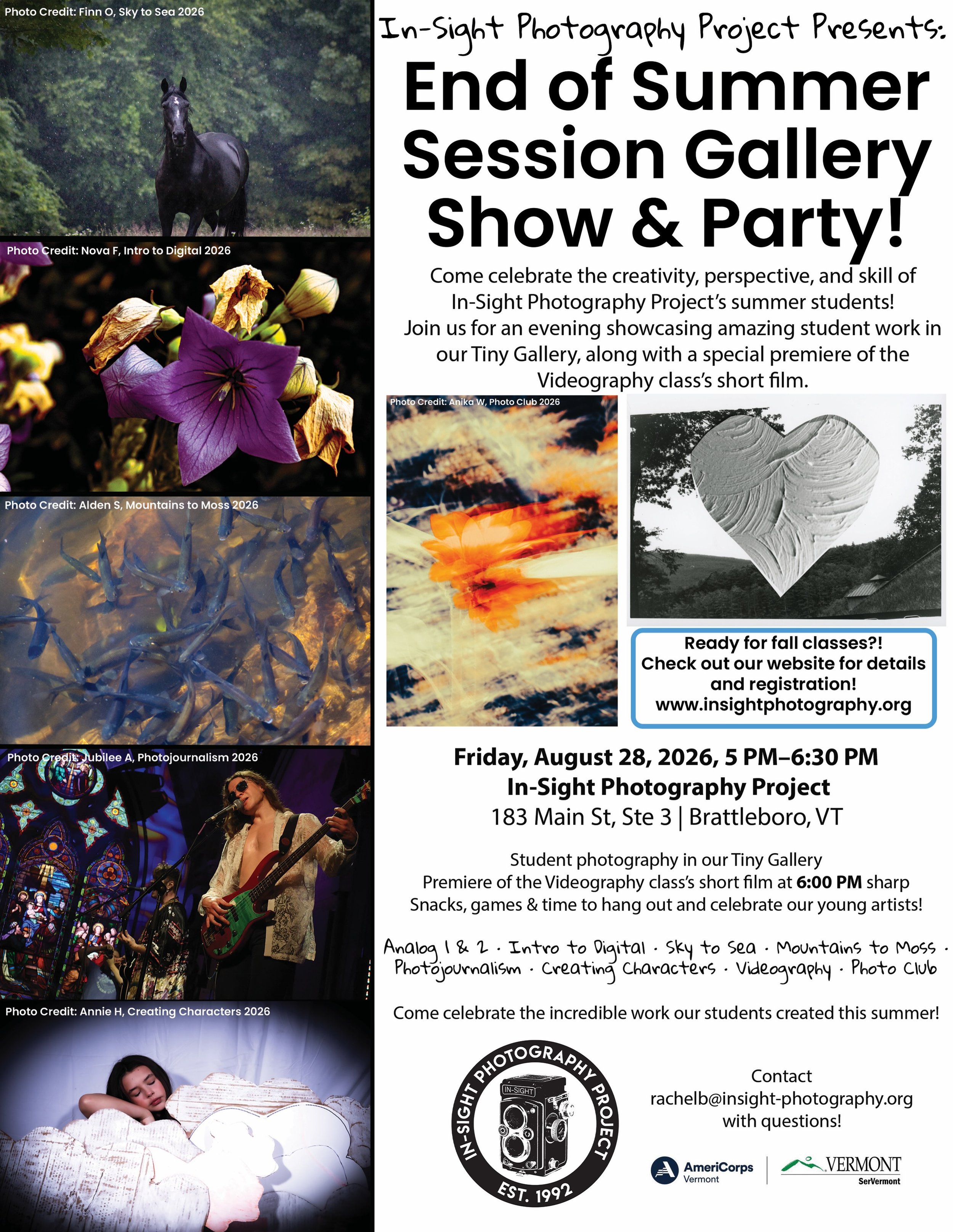 You are invited to In-Sight&rsquo;s End of Summer Gallery Show &amp; Party! Friday, 8/28/26 at In-Sight from 5-6:30pm Join us for snacks, drinks, games, and viewing of work of our hardworking and talented students. 

At 6pm we will be premiering the 