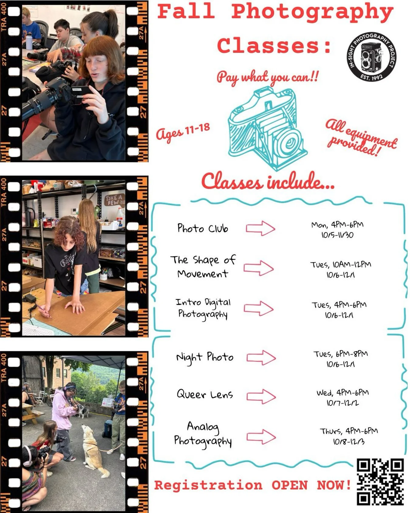 In-Sight Photography is excited to announce that fall class registration is open! Head to our website www.insightphotography.org for more information!

-Ages 11-18
-All equipment provided
-Pay what you can 
-Classes start October 5th

#insightphotogr