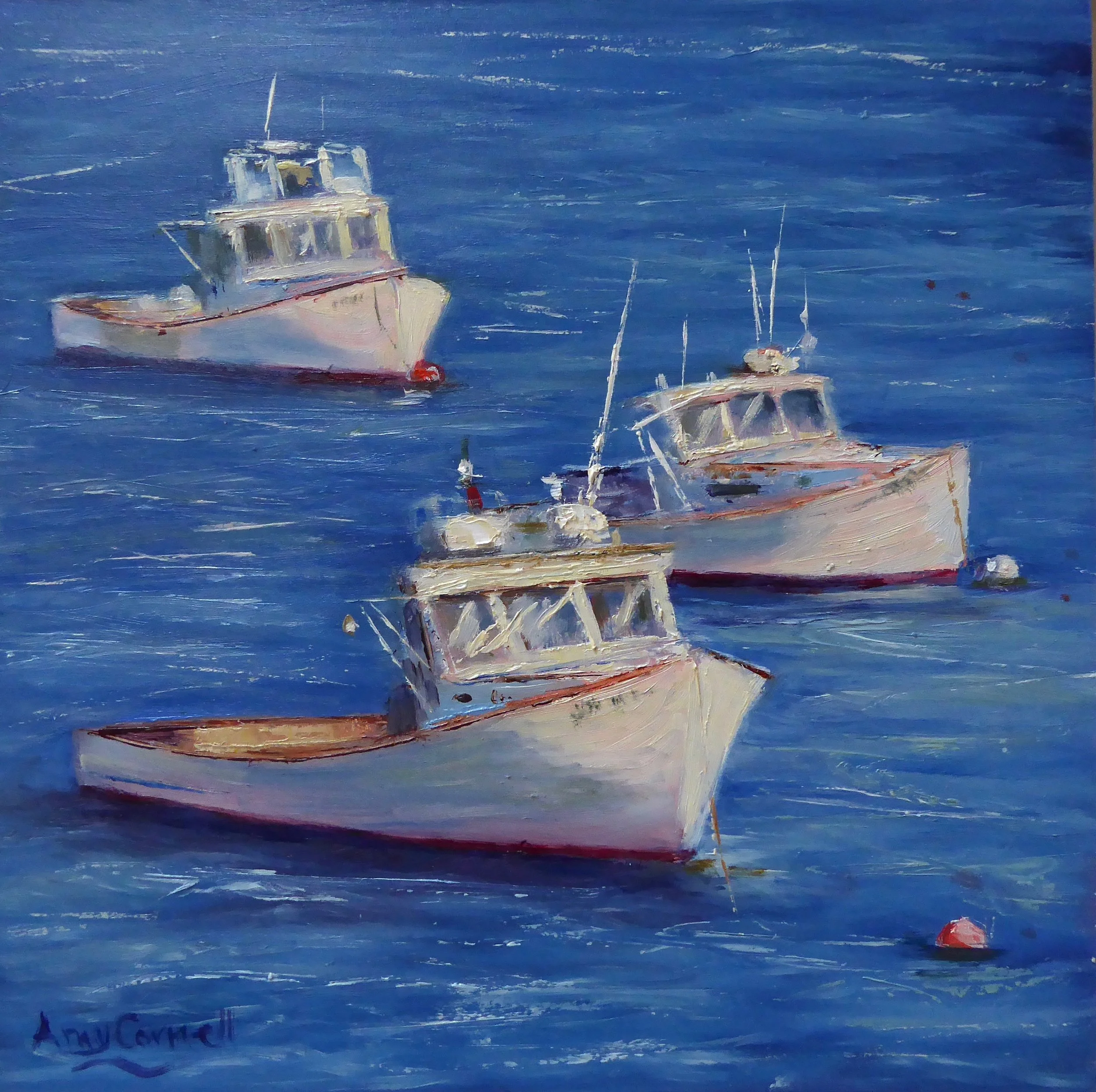 3 Lobster Boats, 8x8, oil on panel, $425