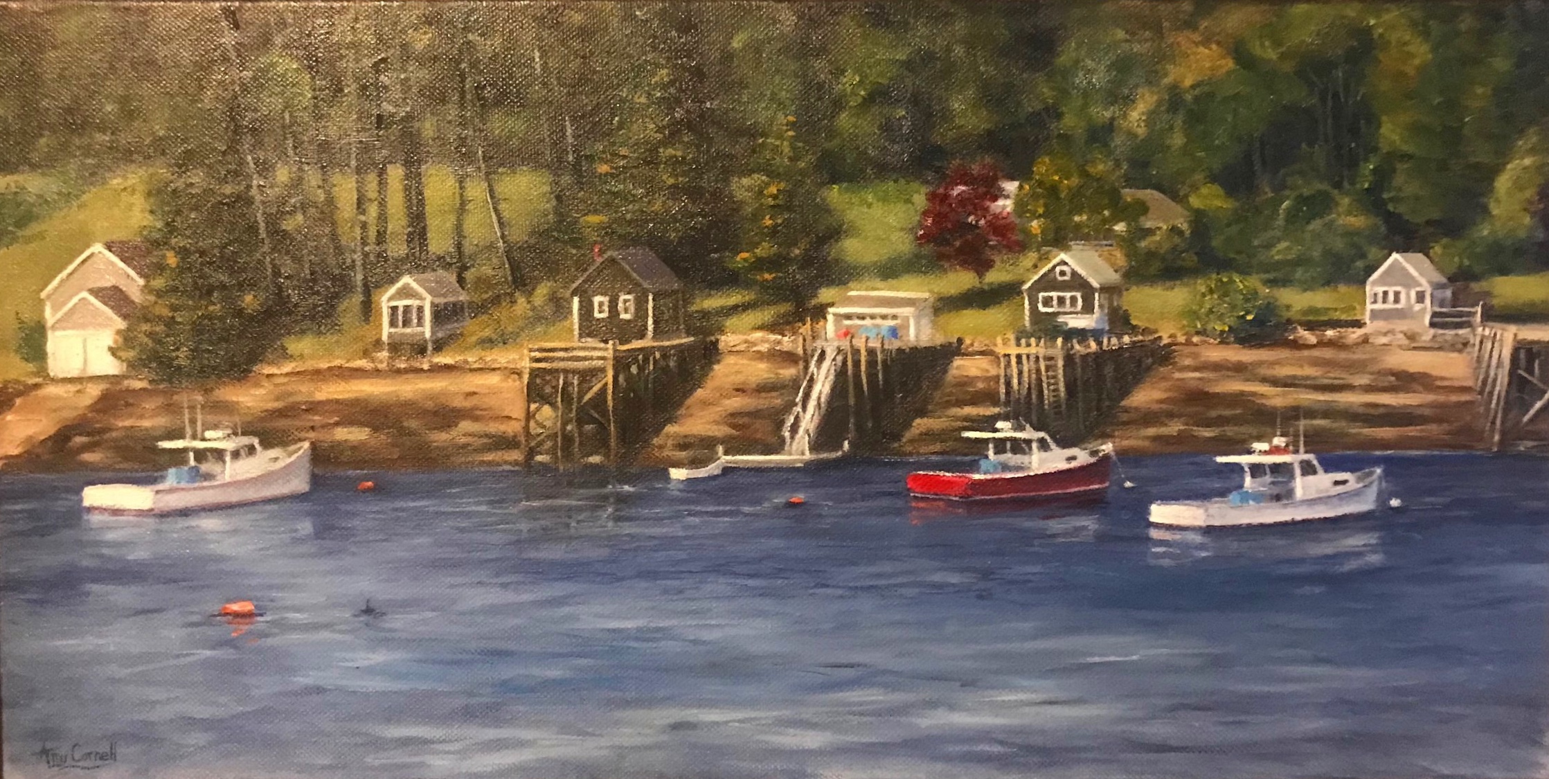 Port Clyde Boathouses, 10 x 20, oil on canvas, $425