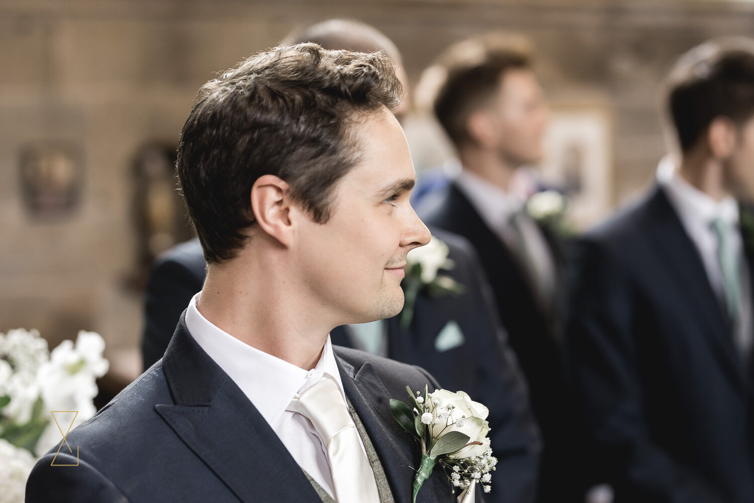 Groom-watching-bride-walk-down-aisle-Cheshire-wedding