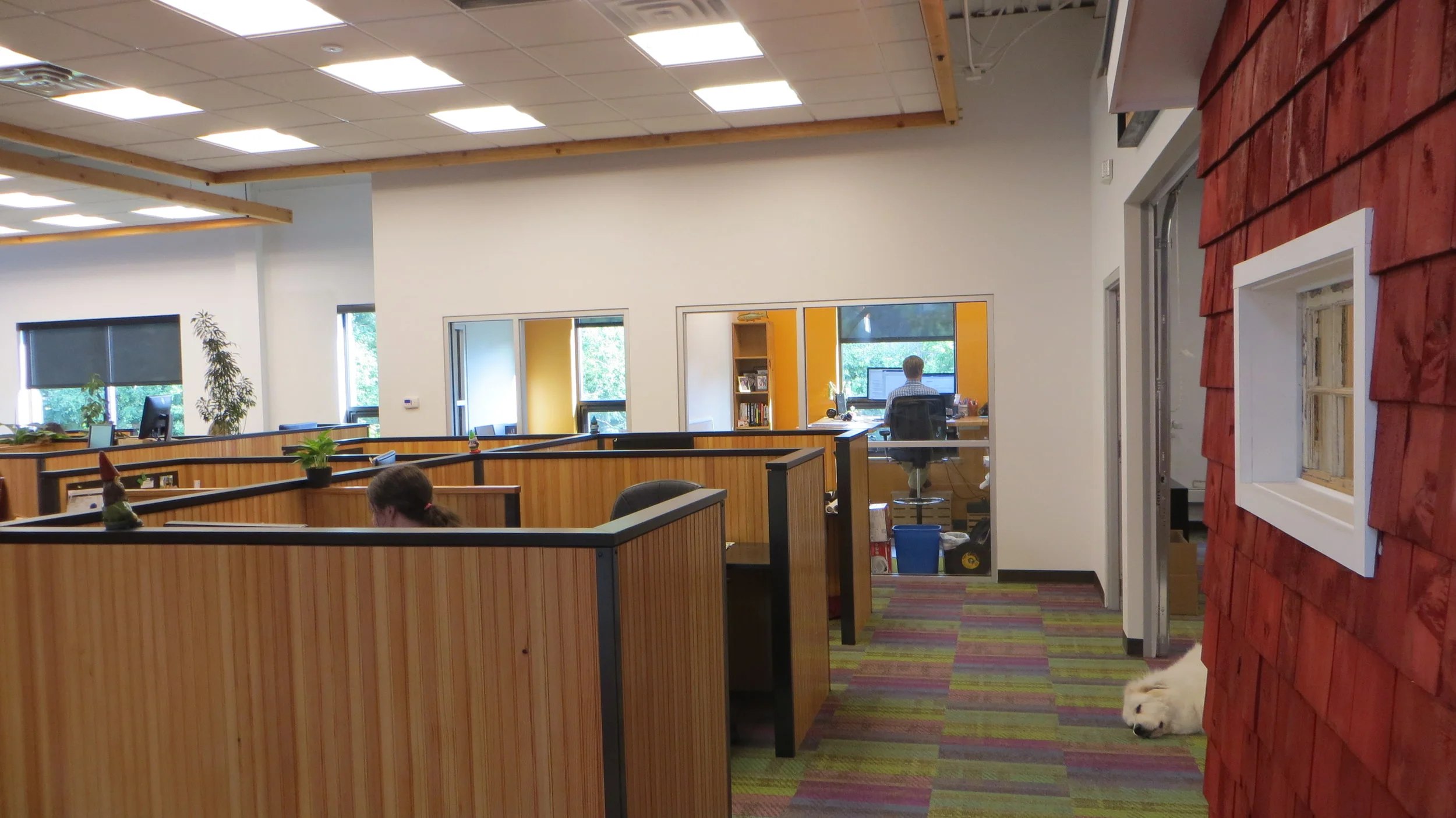 Modular carpet flooring with sound clouds overhead really help quiet conversations. (View of American Meadows open work area)
