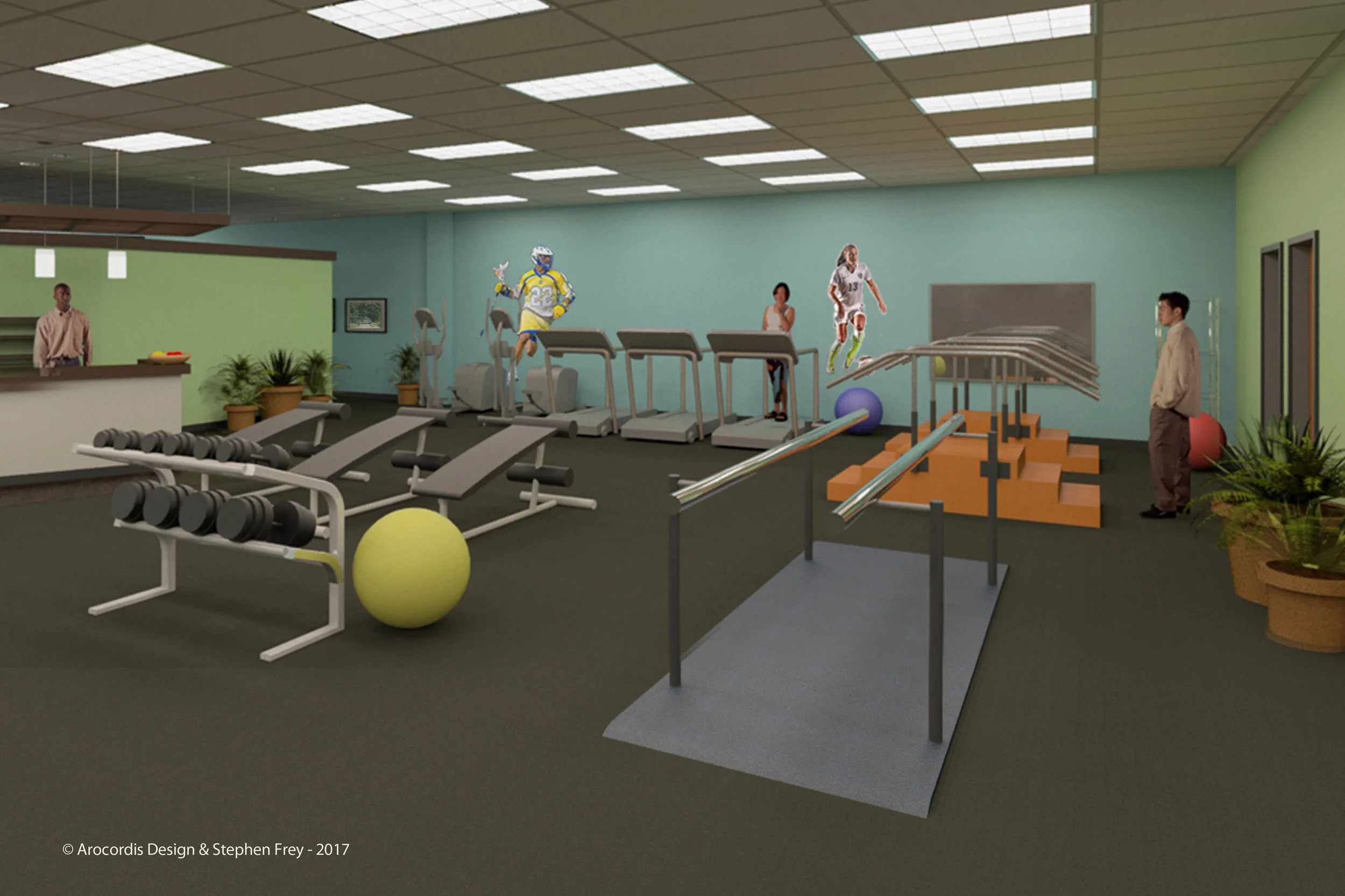 Rendering view of therapeutic workout area and gym