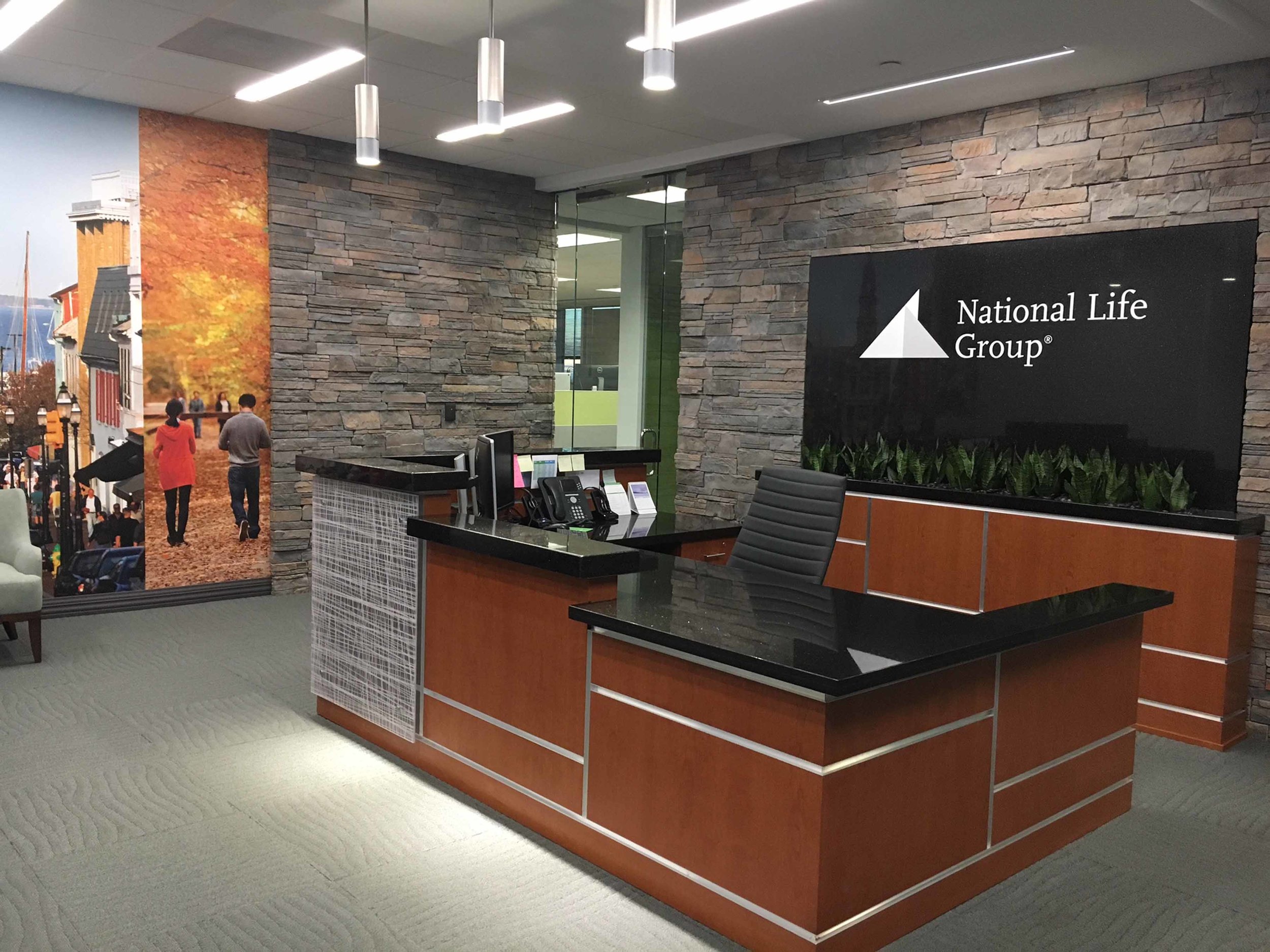 View of finished reception desk, planter, wall backdrop and photo mural