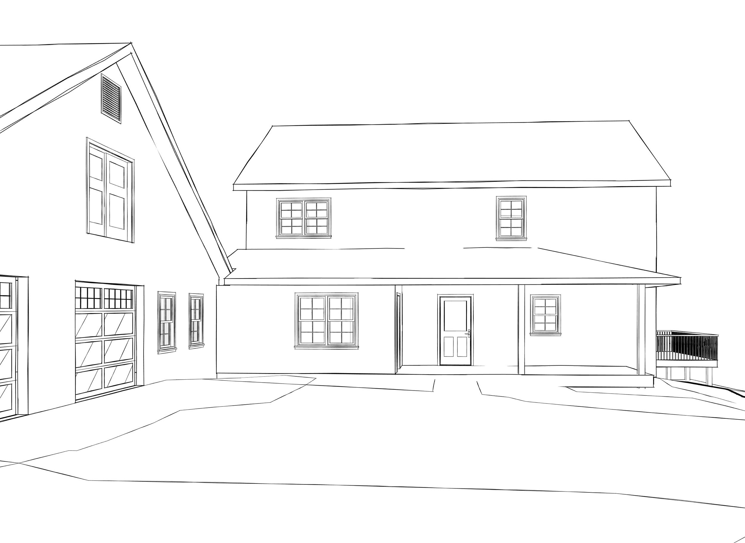 View looking across driveway to main entry and new proposed porch with a mud room.