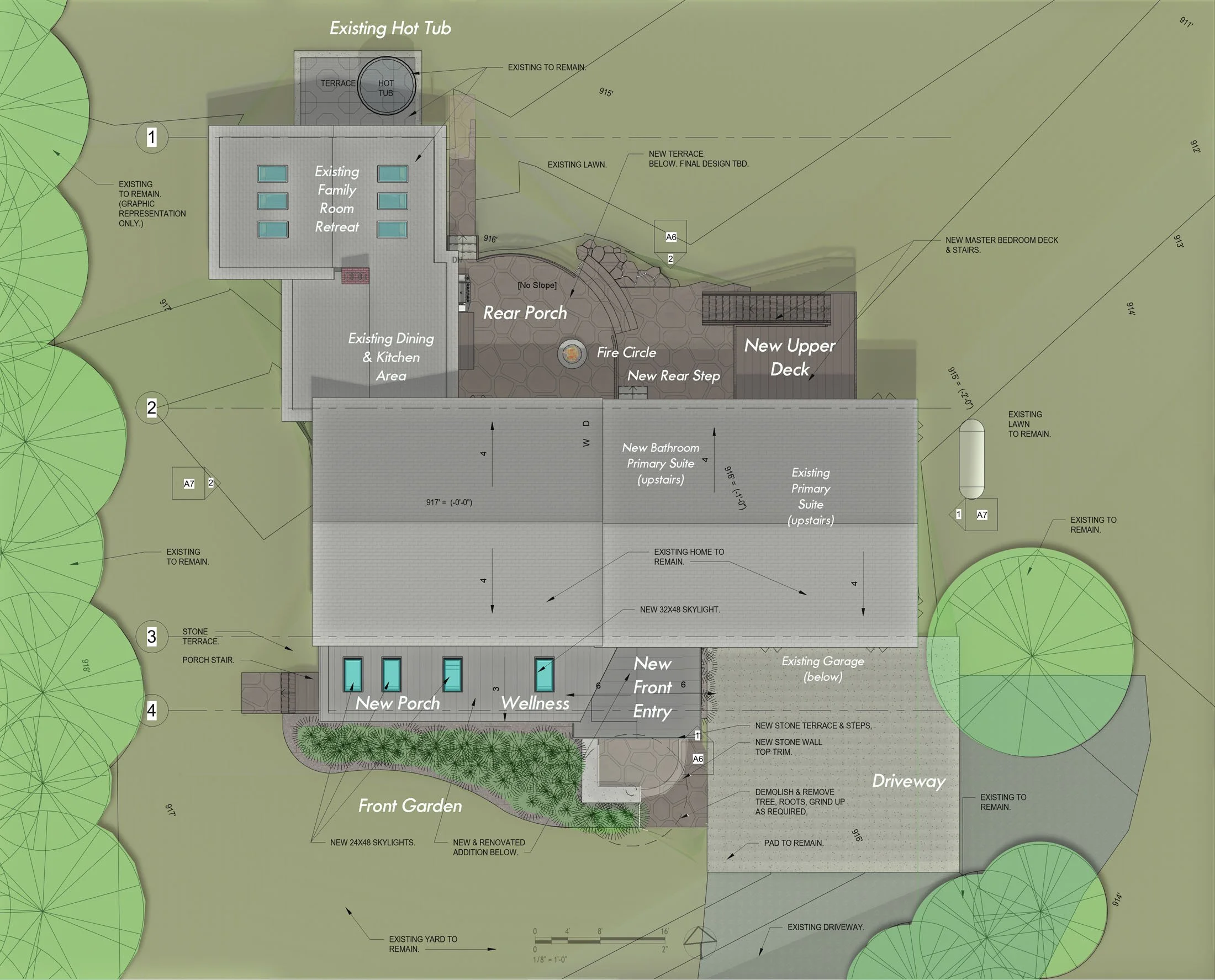 Schematic site plan by Arocordis Design illustrating a phased residential addition and Deep Energy Retrofit in Montpelier, VT, featuring a new front entry, wellness room, screened porch, all new expanded main suite  upper deck, and stone fire circle.