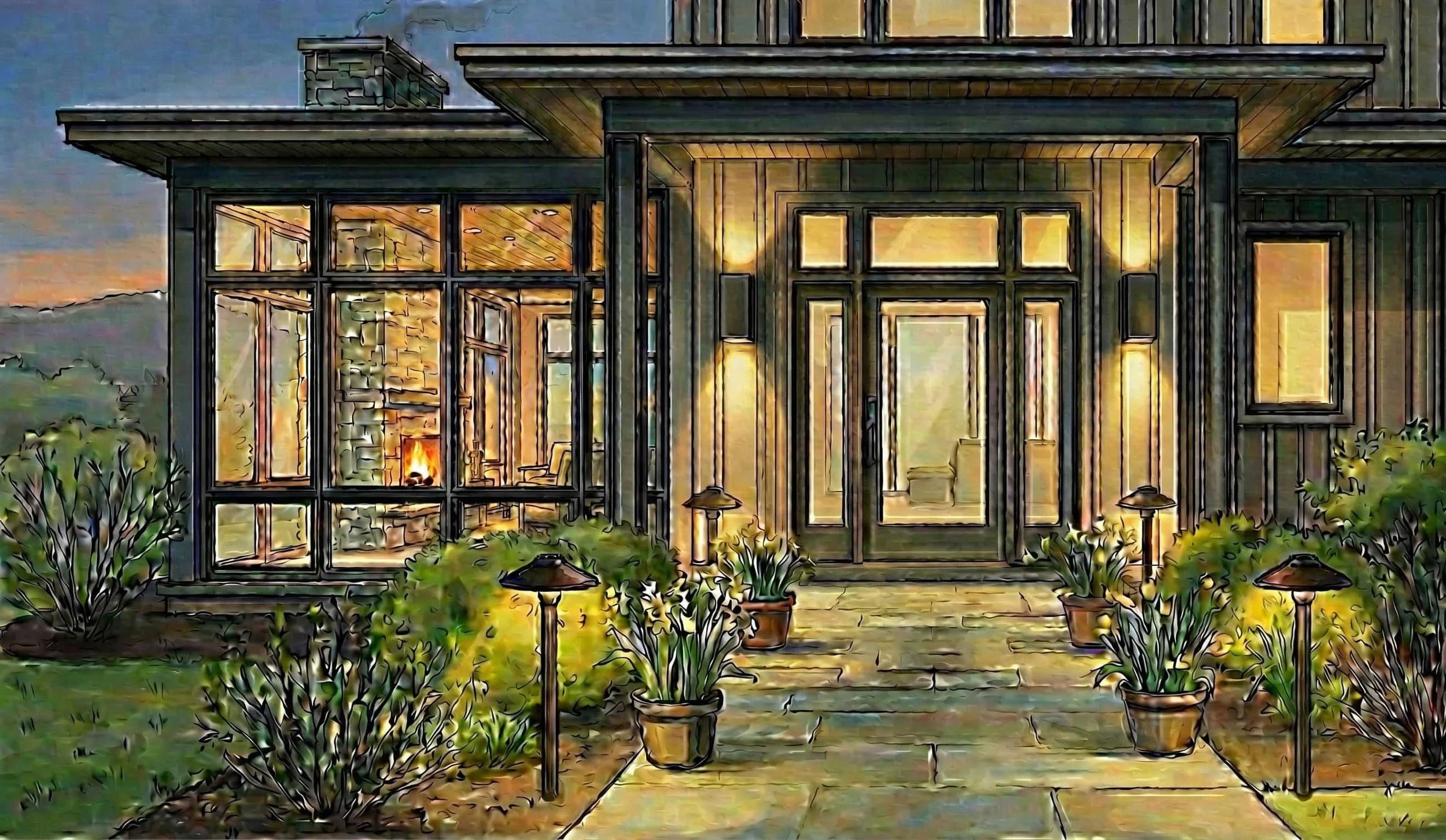 Illustration of a sensory friendly home exterior with large windows, warm lights, potted plants, and a glowing fireplace inside.