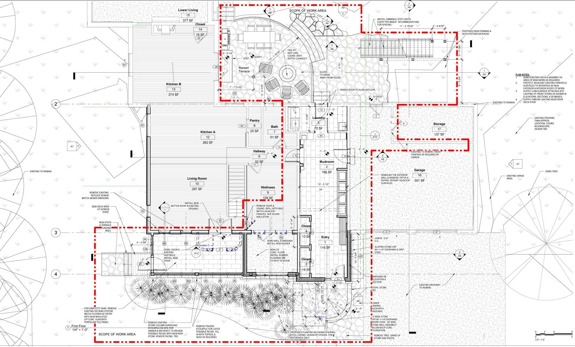 Architectural first floor plan by Arocordis Design showing a Montpelier, VT renovation scope (red dashed line). Illustrates flow between a new entry, mudroom, wellness area, living spaces, upper deck stairs, hot tub, and raised terrace.