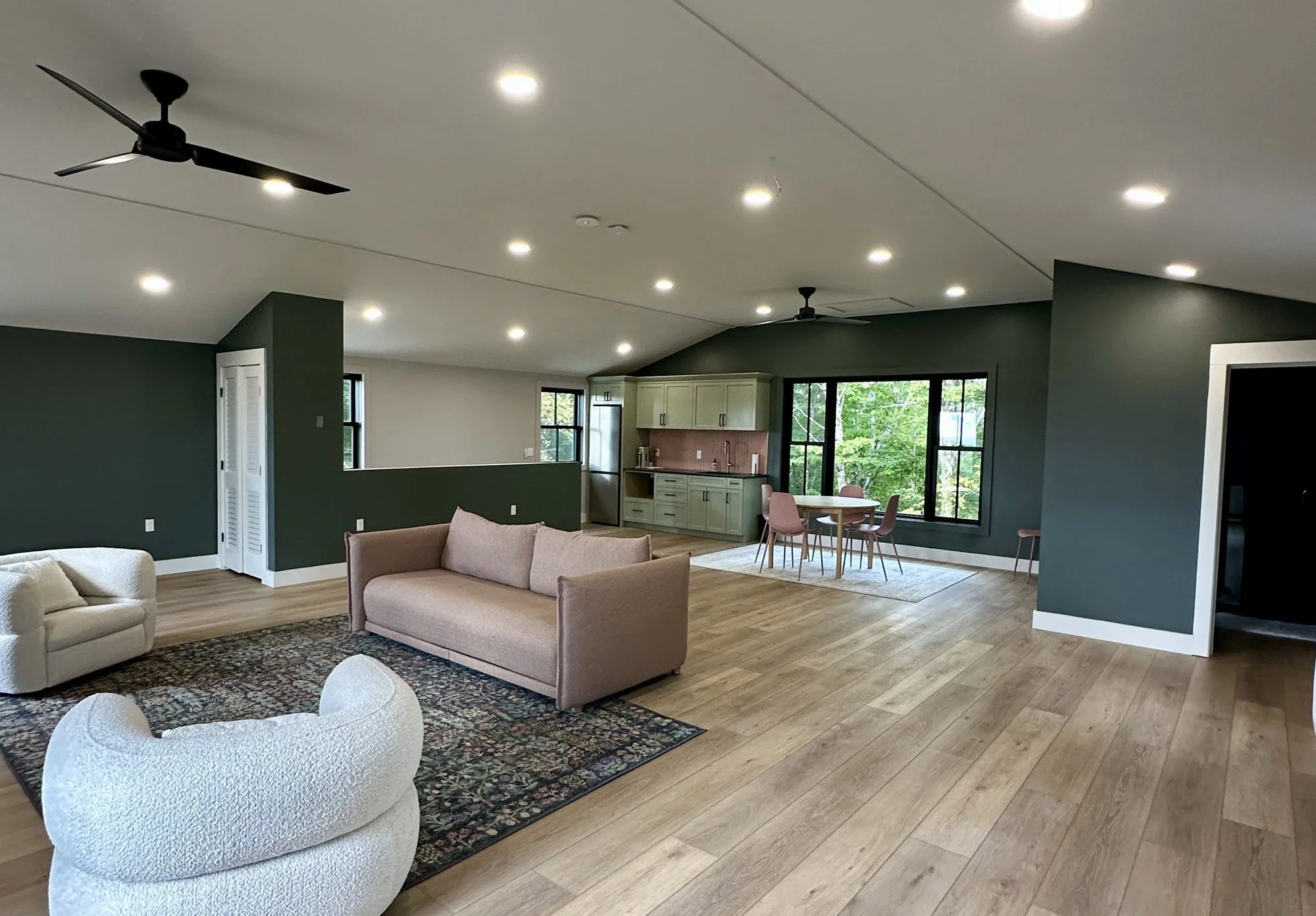 Interior upper floor living space view.