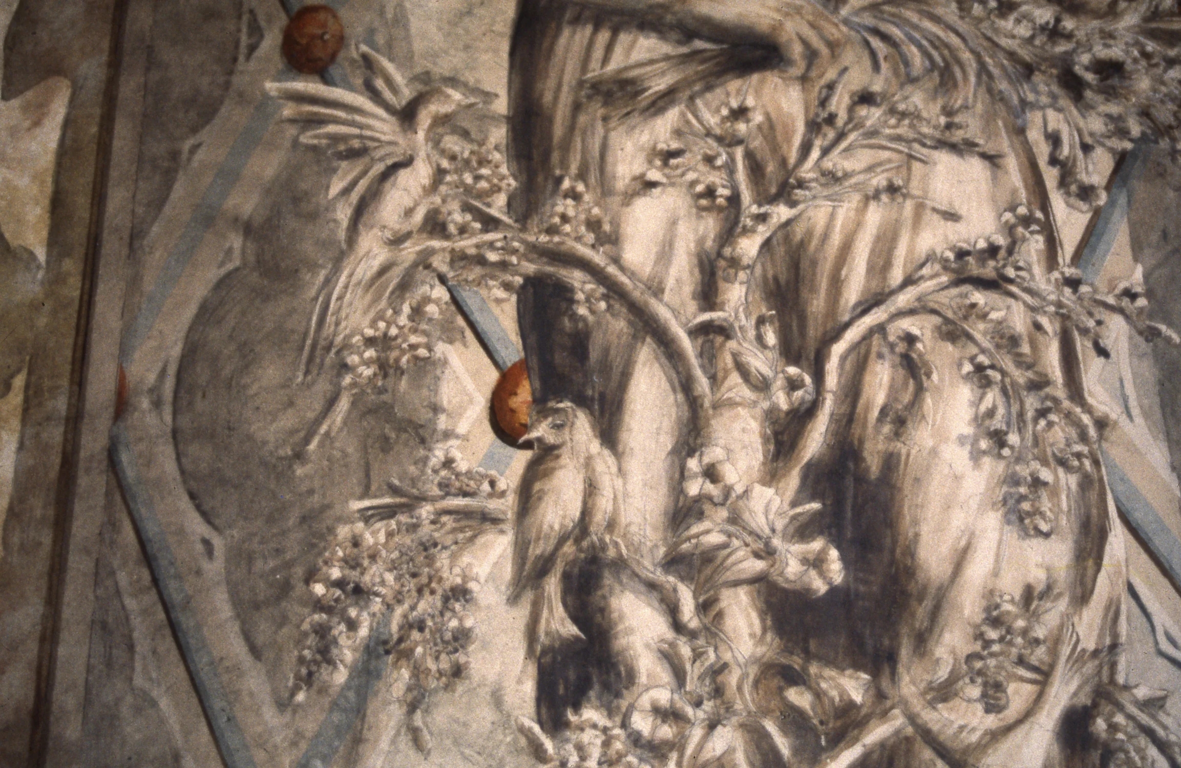 Detail of trompe-l'œil painted Spring statue, Bethesda Fountain Arcade, Central Park, New York