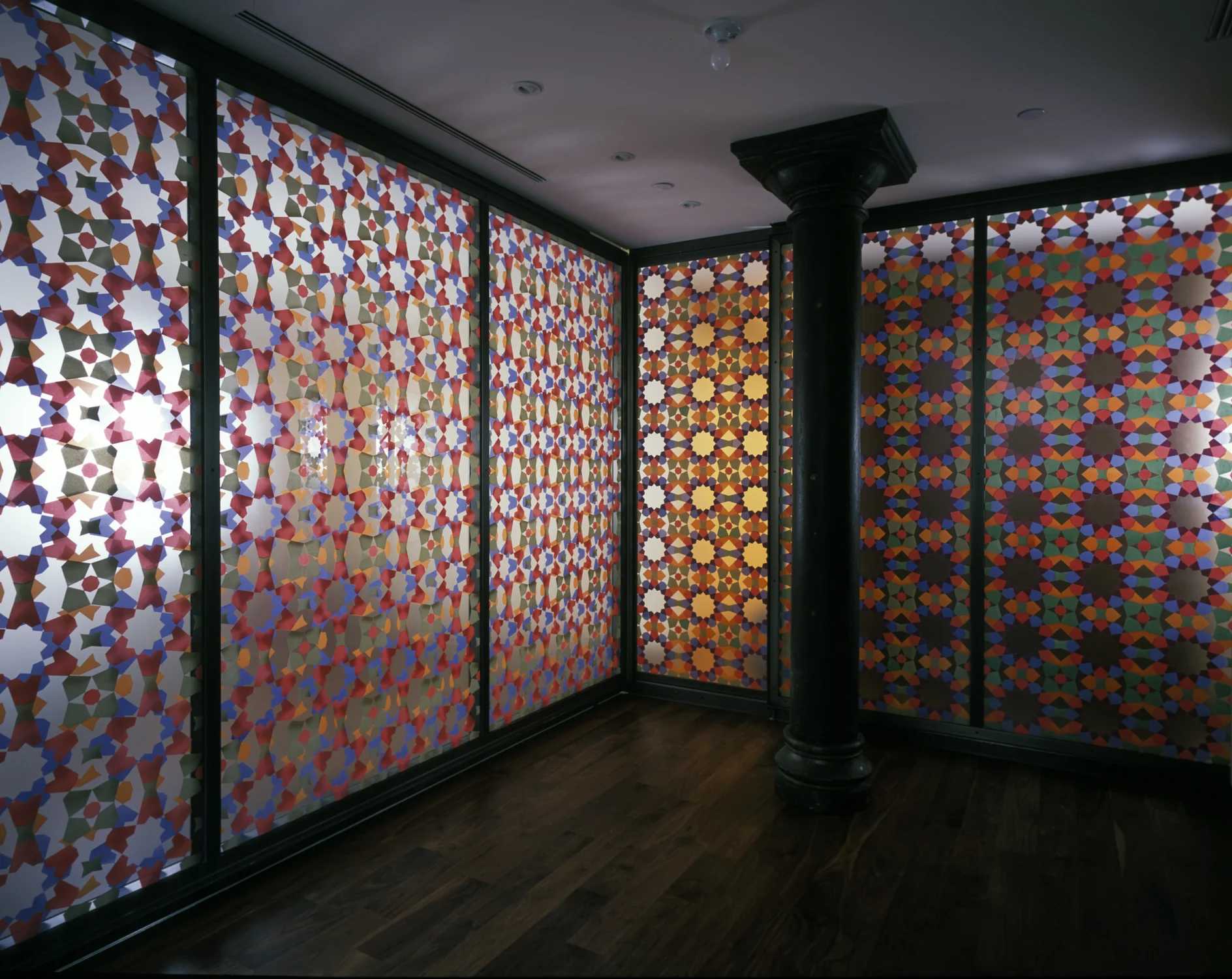 Full room view, hand silk-screened double-glass panels, New York, NY
