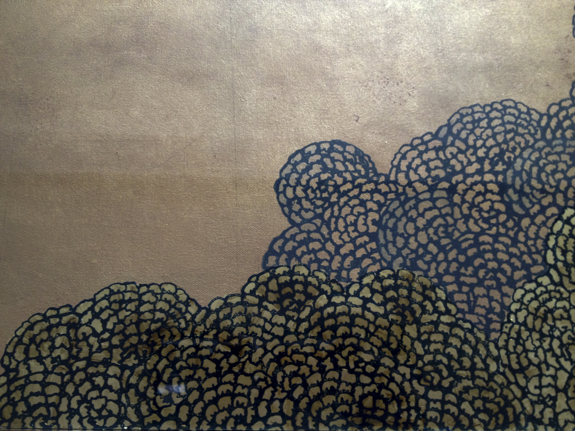 Detail of Hydrangea flowers printed on gold leaf