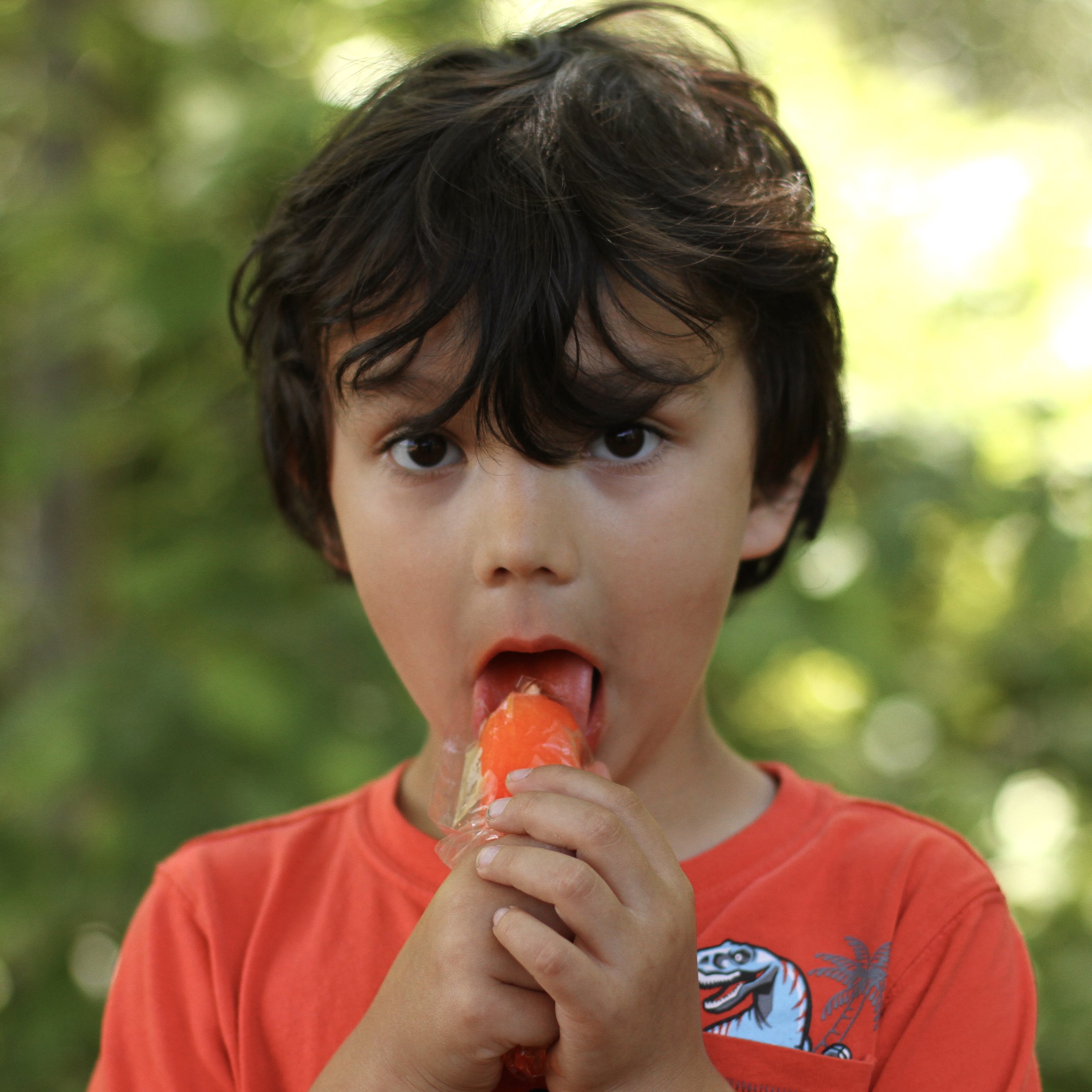 Young student with short brown hair licking popsicle