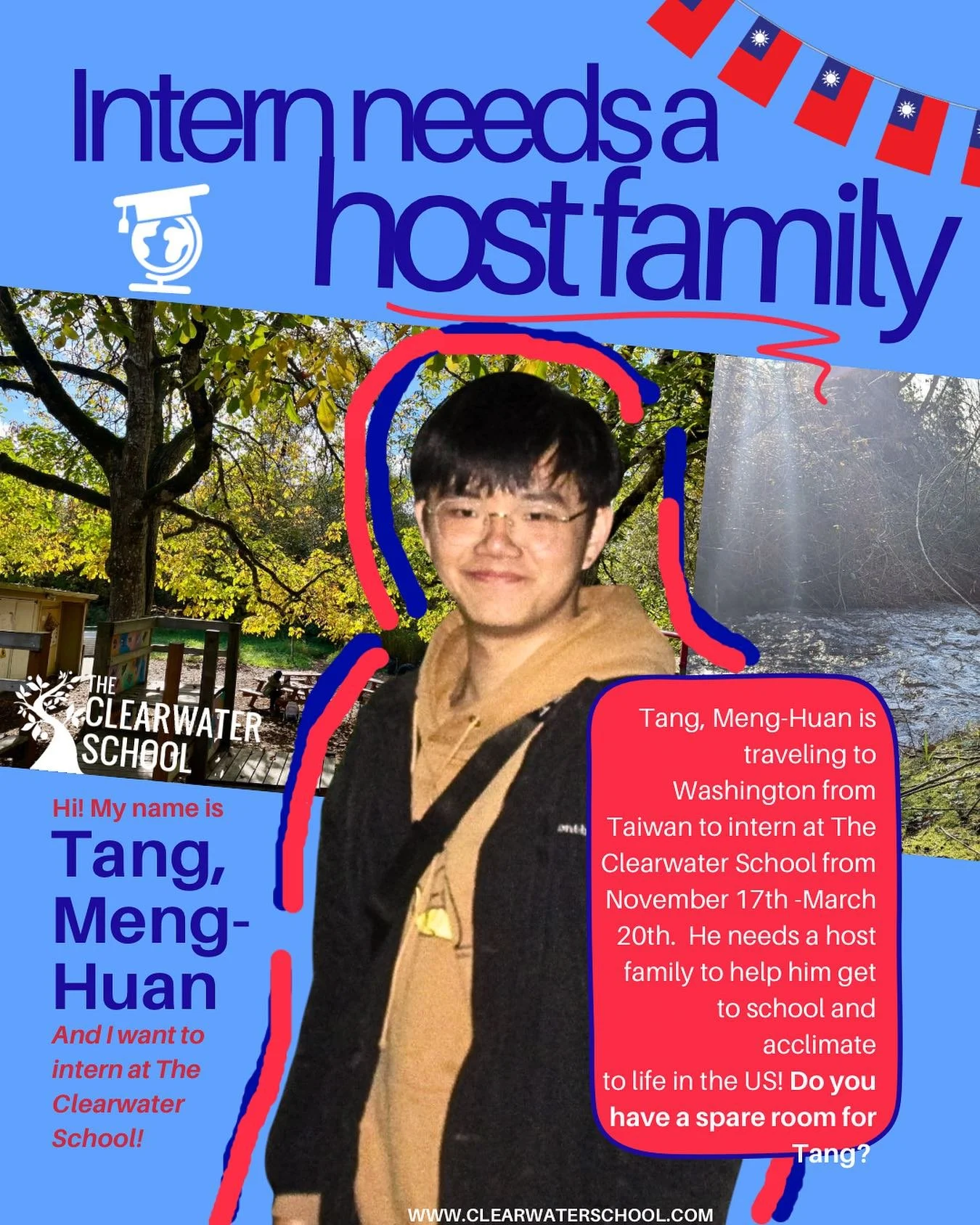 Cool opportunity alert 🚨 we have an intern joining us from Taiwan this year named Tang, Meng-Huan and we&rsquo;re looking for one or multiple families to host him for all or part of his internship at The Clearwater School! You can be part of this aw