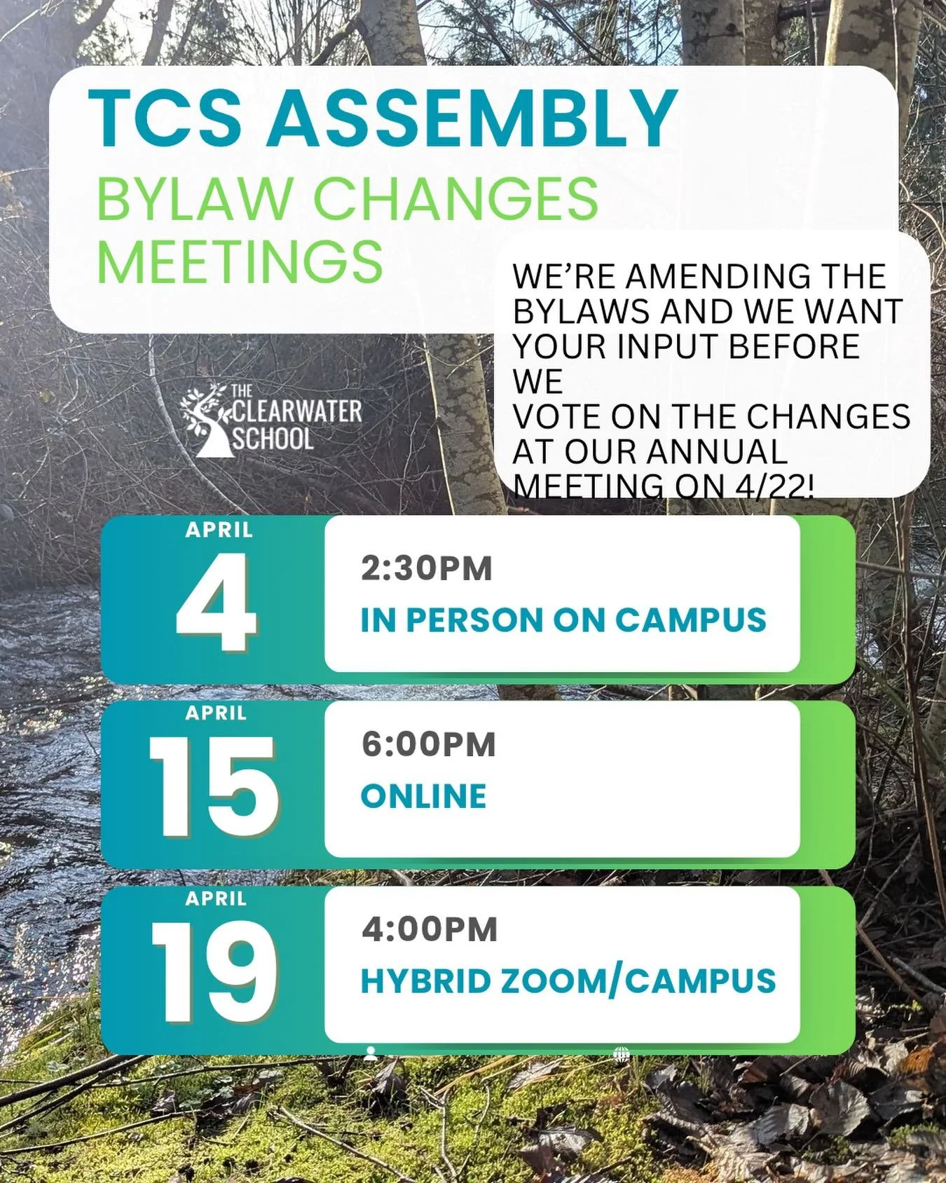 If you are a current Assembly member check your email for more information on our upcoming bylaw changes and join us at one or more of the dates above to give your input before we vote at our annual meeting on Wednesday, April 22nd at 6pm! Email us f