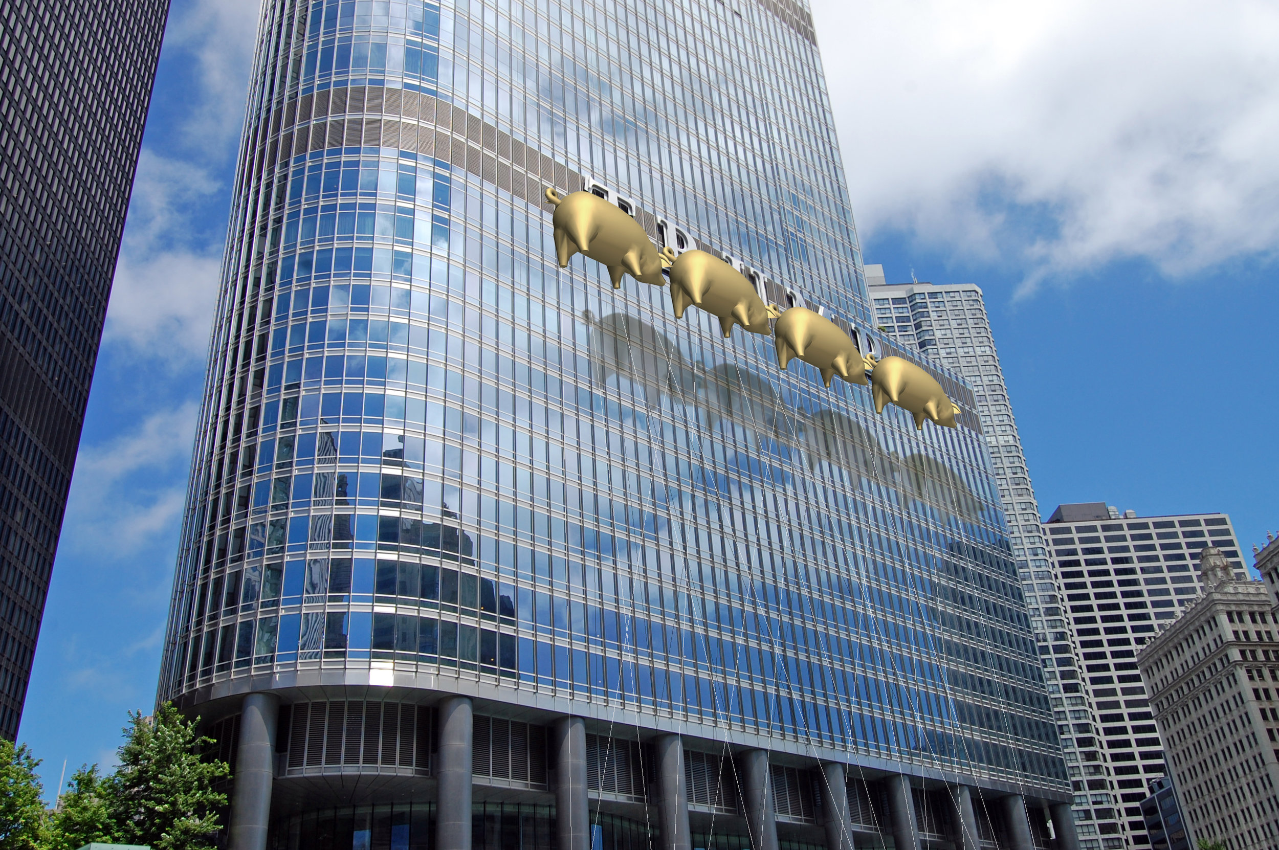 Artist's rendering - Flying Pigs on Parade over the Chicago River