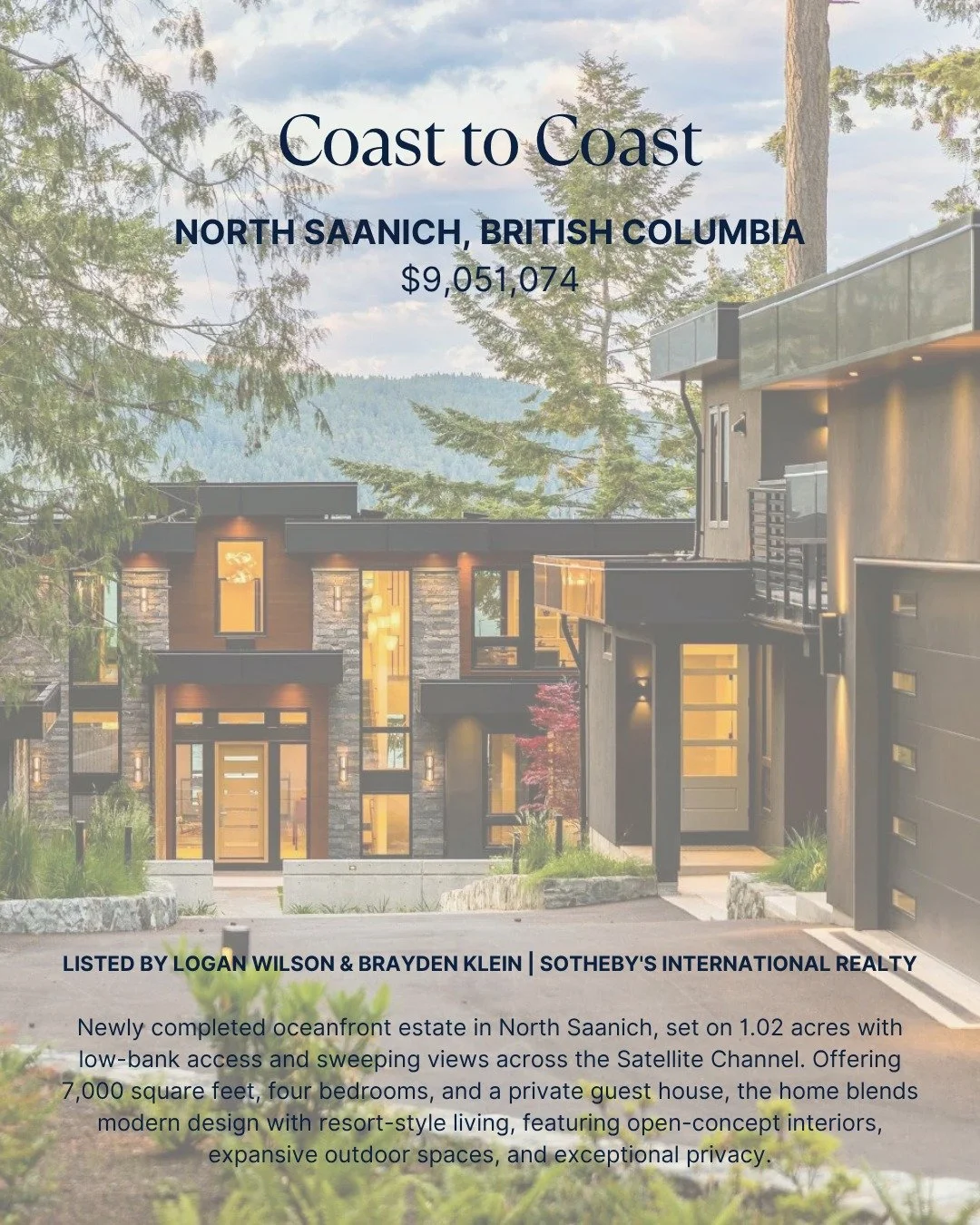 Coast to Coast. 🌊

Newly completed oceanfront estate in North Saanich, set on 1.02 acres with low-bank access and sweeping views across the Satellite Channel. Offering 7,000 square feet, four bedrooms, and a private guest house, the home blends mode