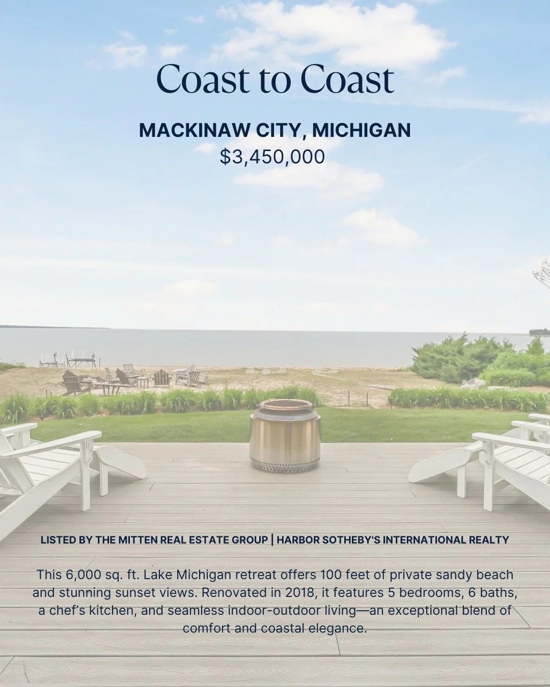 Coast to Coast. 🌊

This 6,000 sq. ft. Lake Michigan retreat offers 100 feet of private sandy beach and stunning sunset views. Renovated in 2018, it features 5 bedrooms, 6 baths, a chef&rsquo;s kitchen, and seamless indoor-outdoor living&mdash;an exc