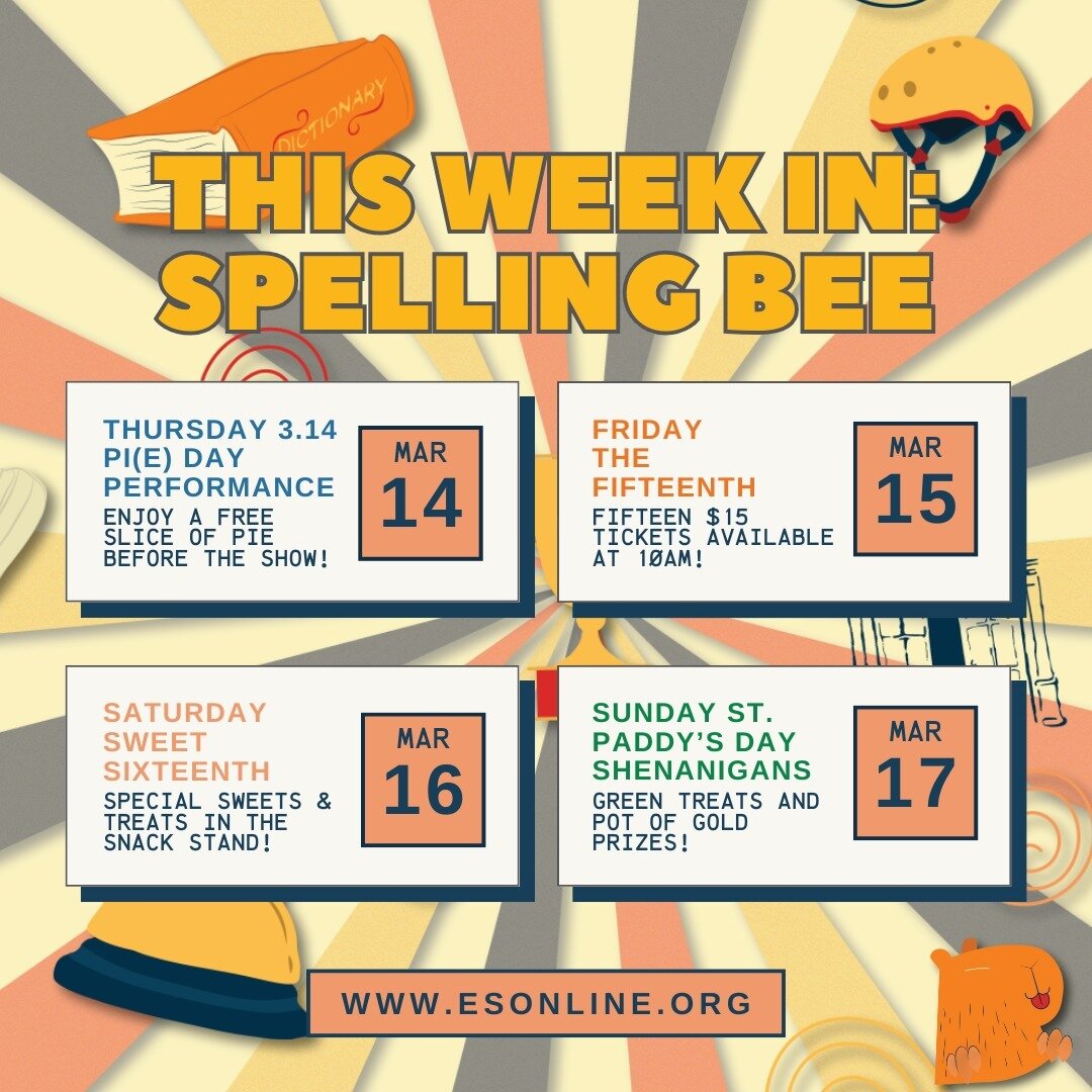 THIS WEEK IN SPELLING BEE: We got a super packed weekend that starts Thursday and it's filled with fun, food, and more at THE 25TH ANNUAL PUTNAM COUNTY SPELLING BEE! Who's coming this weekend? 🫡

🥧 Thursday: Grab a free slice of pie in honor of 3.1