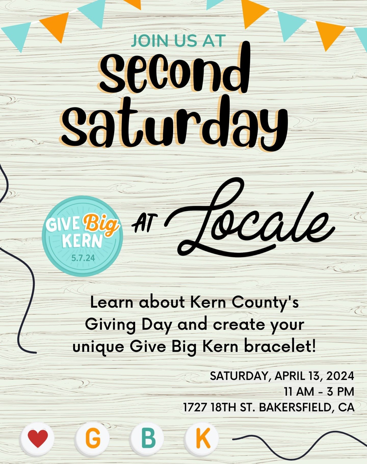 Due to impending ⛈ weather concerns ⛈ we will no longer be at In Your Wildest Dreams this Saturday. 

HOWEVER! We will be heading up the street and joining the Give Big Kern team over at Locale for Second Saturday! Stop by to learn about GBK from the