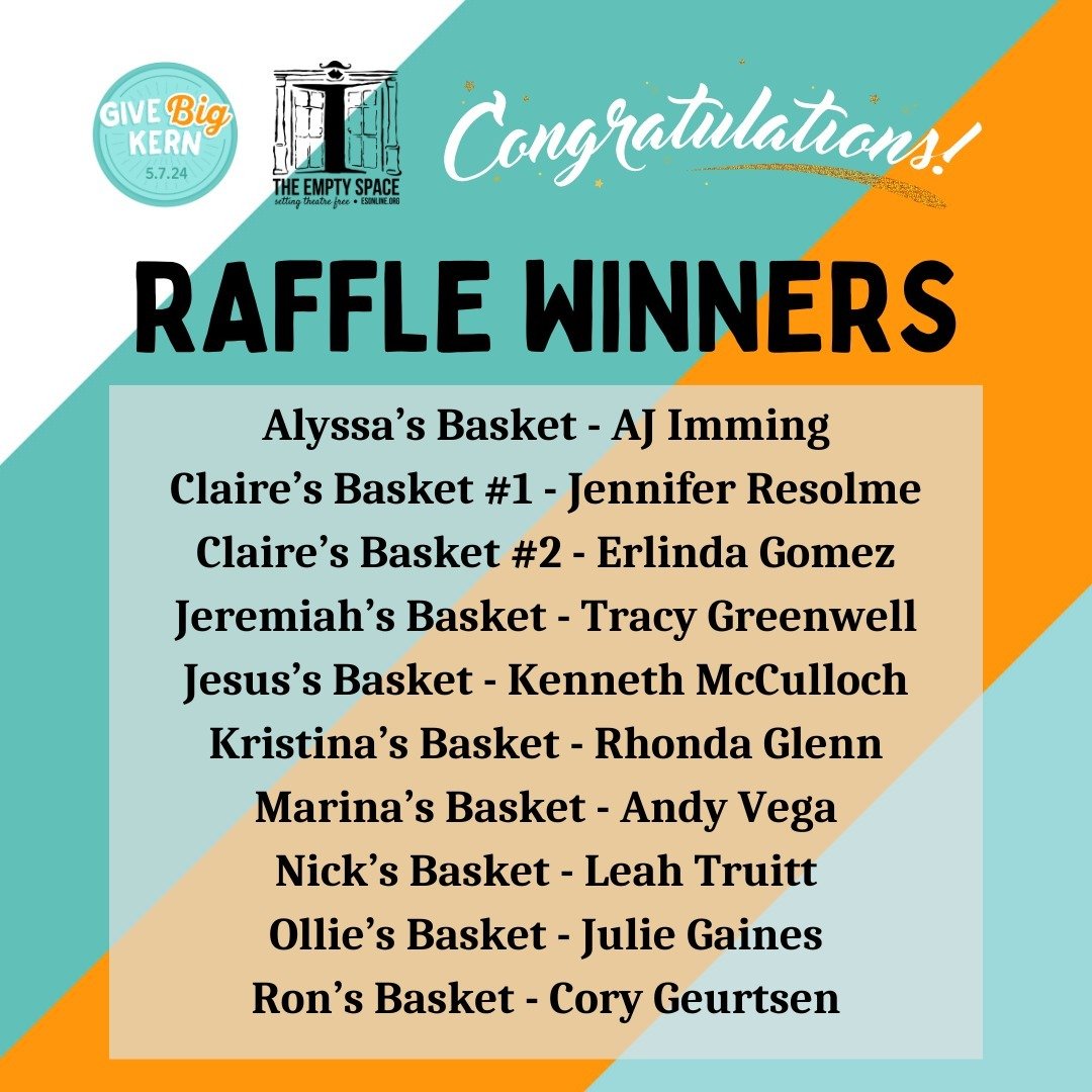 Congratulations to the winners of our Board Basket Raffle! We thank you for your generous donations to our Give Big Kern Campaign and hope you enjoy your treats!

Baskets can be picked up tonight from 6-8pm at The Empty Space, or before, during, or a