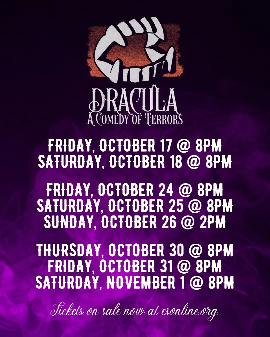 Attention vampires, vampire hunters, and all other blood-thirsty individuals: here's your full schedule for DRACULA: A COMEDY OF TERRORS, playing at The Empty Space in October. Please use the link in our bio to secure your trip to Transylvania. ⚡