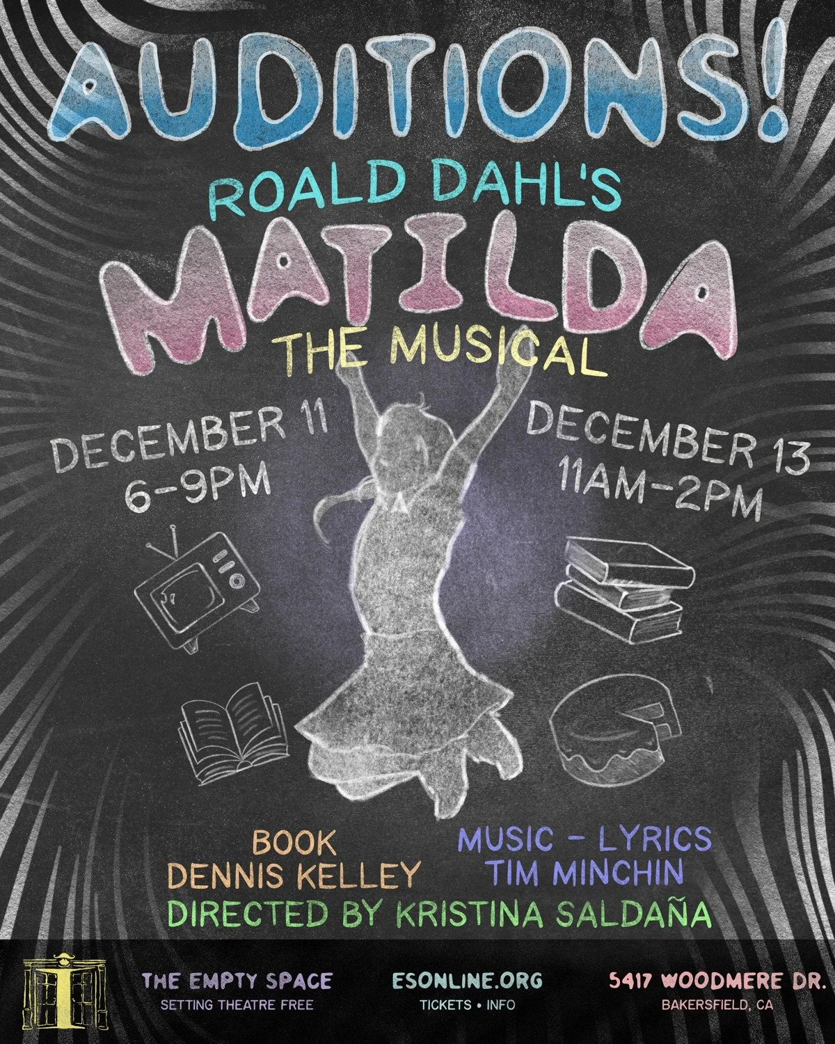 Announcing auditions for the February/March 2026 production of MATILDA THE MUSICAL! ✨📖

Thursday, December 11; 6PM-9PM
Saturday, December 13; 11AM-2PM

Note: These auditions are for the ADULT ROLES ONLY. All youth roles will be cast through our Mati