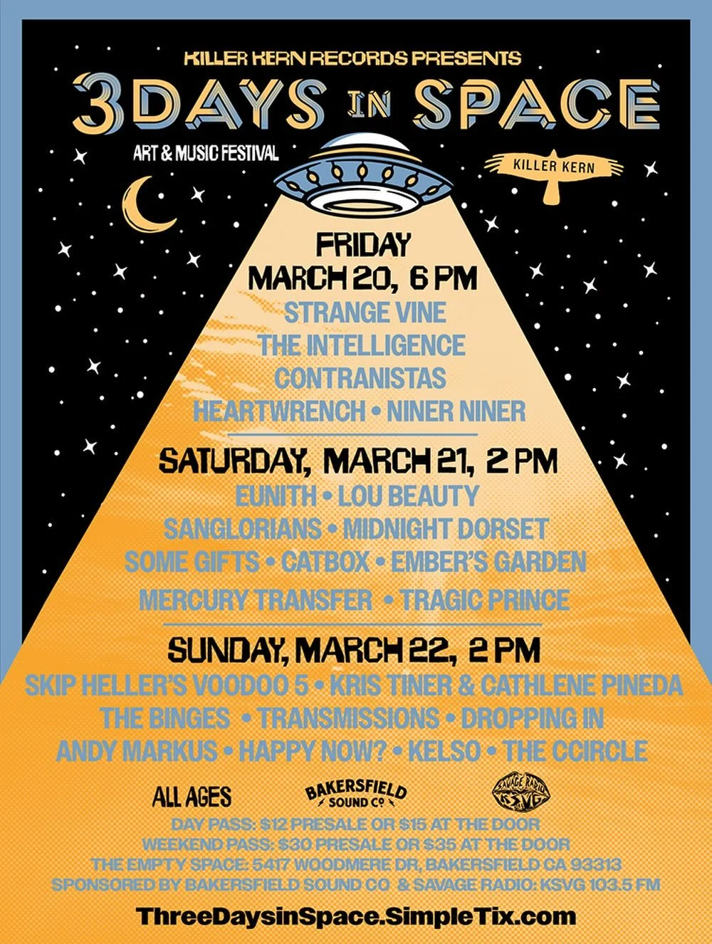 Our friends at @killerkernrecords are back this weekend for 3 Days in Space! 

This annual 3-day musical festival returns for another weekend of music, hanging out, and making new friends. This is an all ages event and tickets can be purchased direct