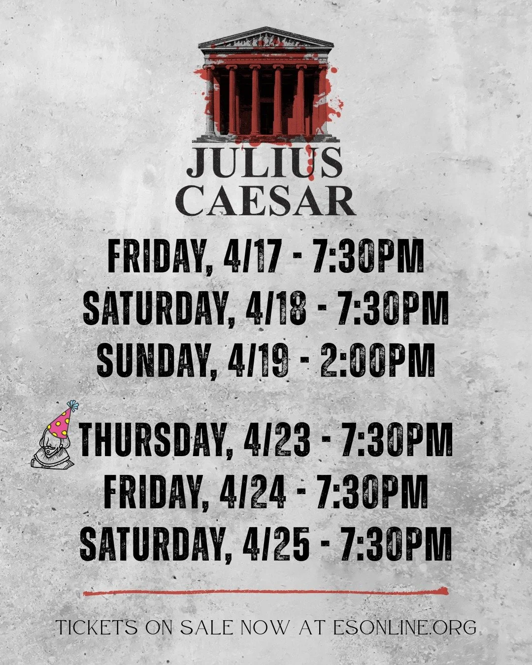 Friends, Romans, countrymen, lend me your ears: tickets to JULIUS CAESAR are on sale now and going quickly so make haste, acquire yours, and meet us for the Ides of March... this April.

🎫➡ www.esonline.org

Content Warning: This show contains simul