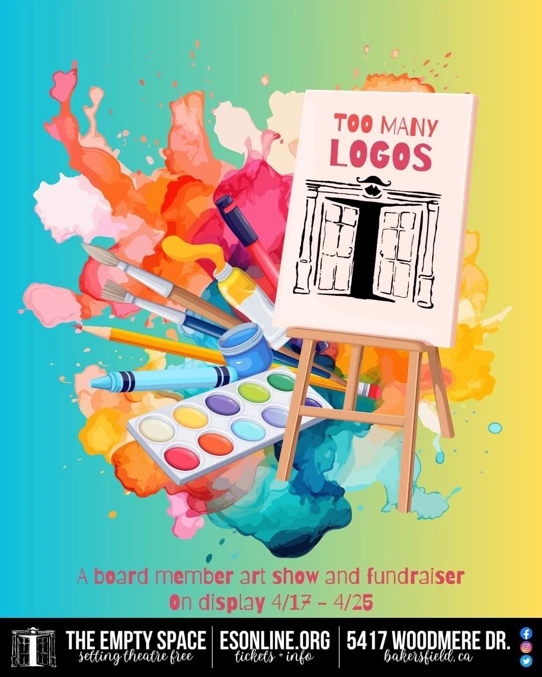 The Empty Space Gallery presents TOO MANY LOGOS, a board member art show and silent auction, running April 17-25, 2026.

Too Many Logos was created in 2013 as a fundraiser for The Empty Space created by the Board of Directors.

Each board member is a